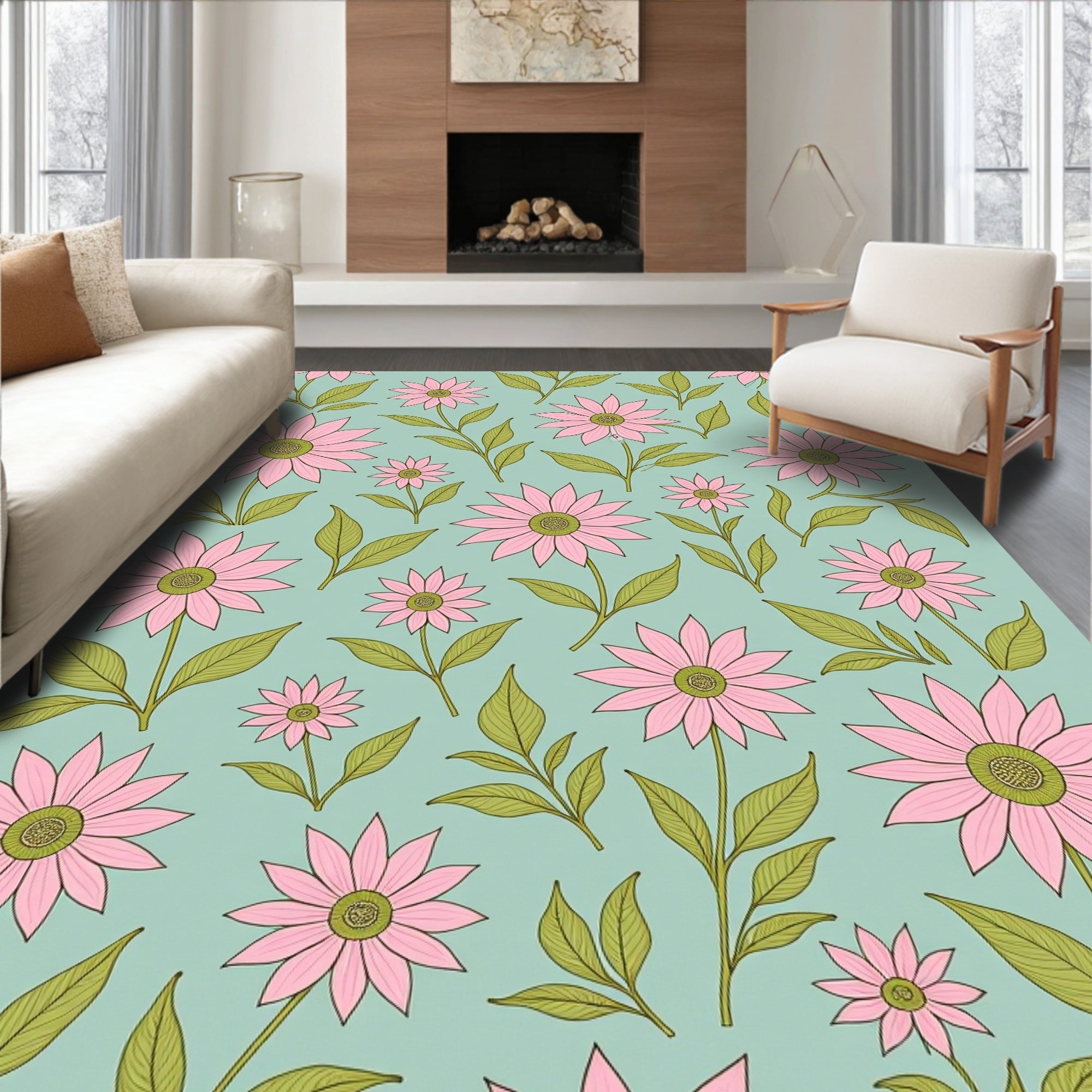 Pink Daisy Floral Pattern Rug
