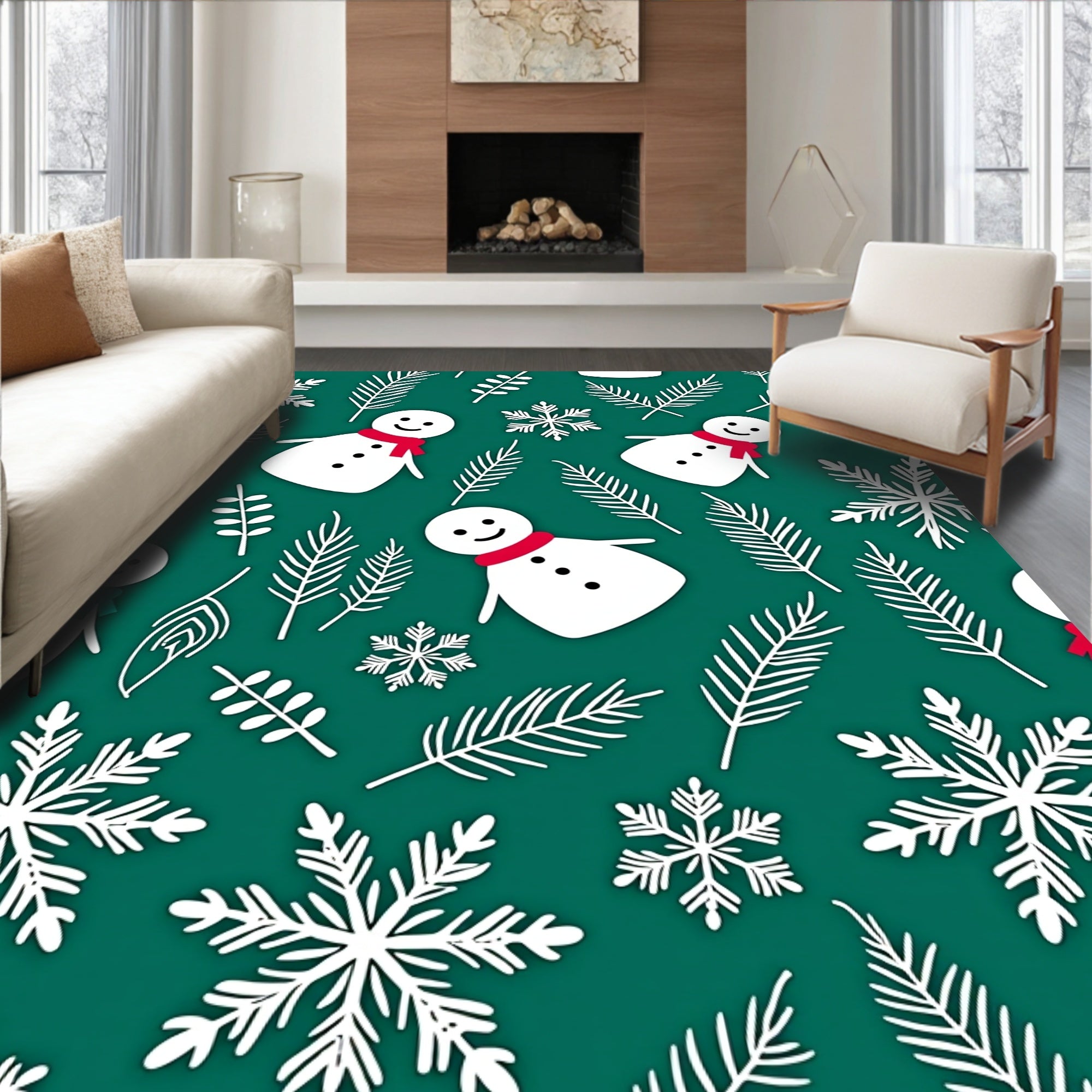 Festive Snowman Snowflake Print Rug