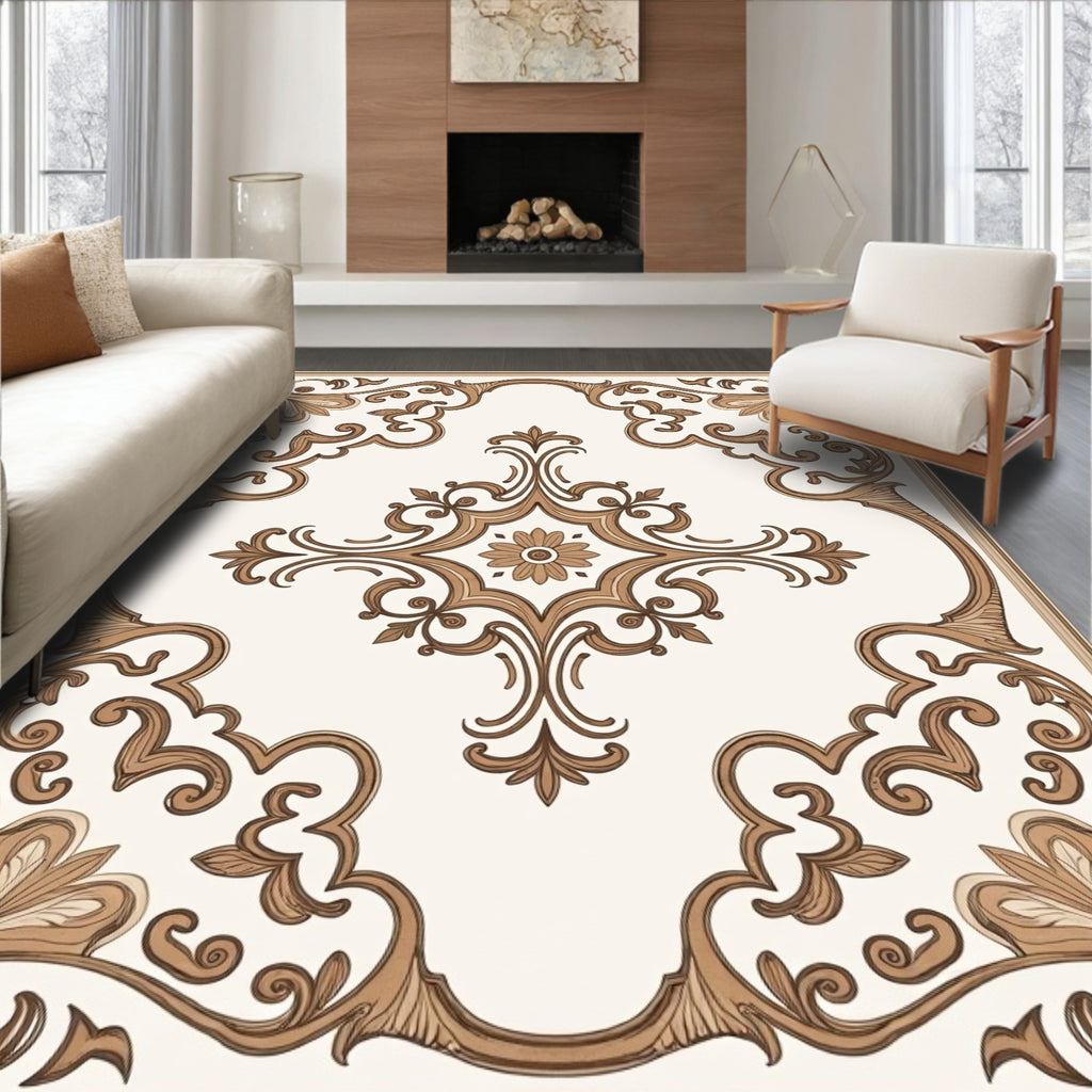 Elegant Brown Scrollwork Floral Accent Rug