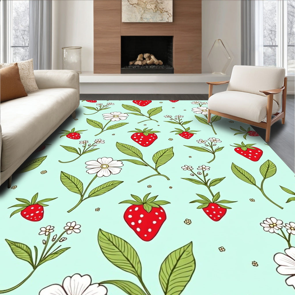 Whimsical Strawberry Flower Pattern Rug