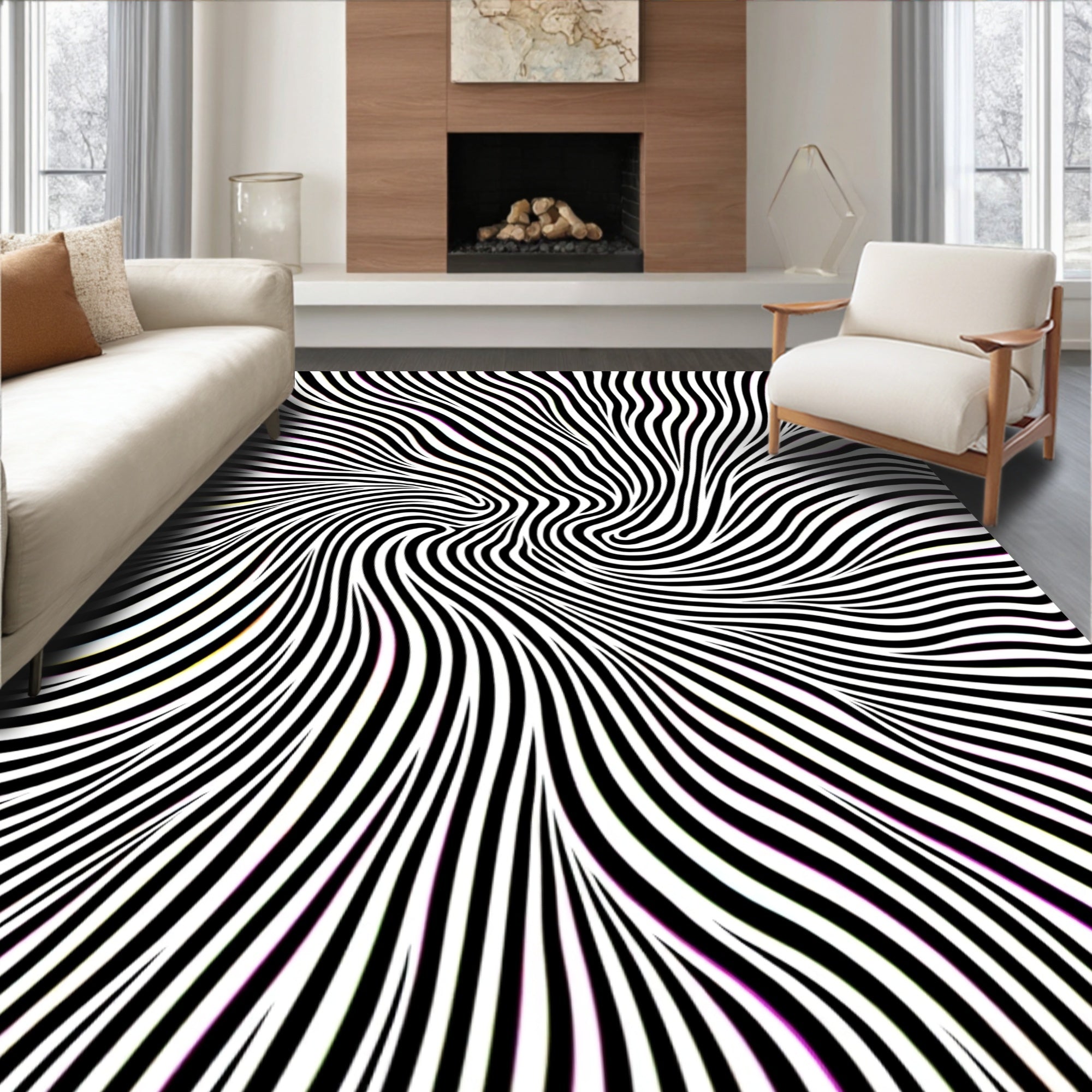 Abstract Wavy Black White Stripes Rug