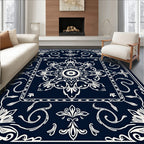 Dark Blue White Floral Mandala Textile Rug