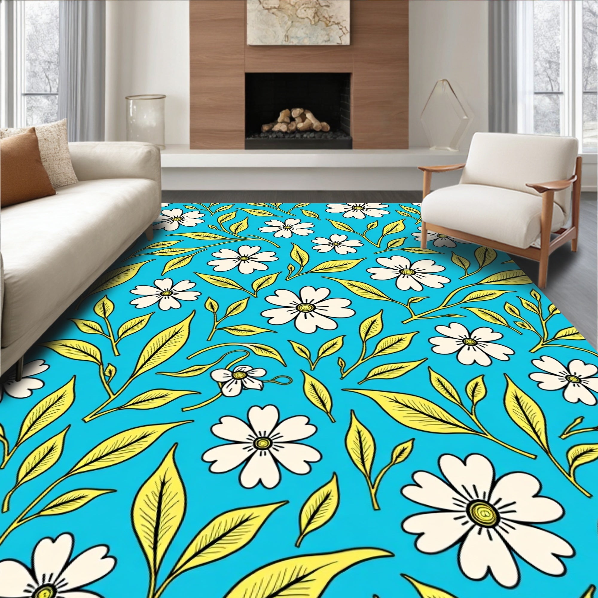 Bright Floral Pattern With Leafy Vines Rug
