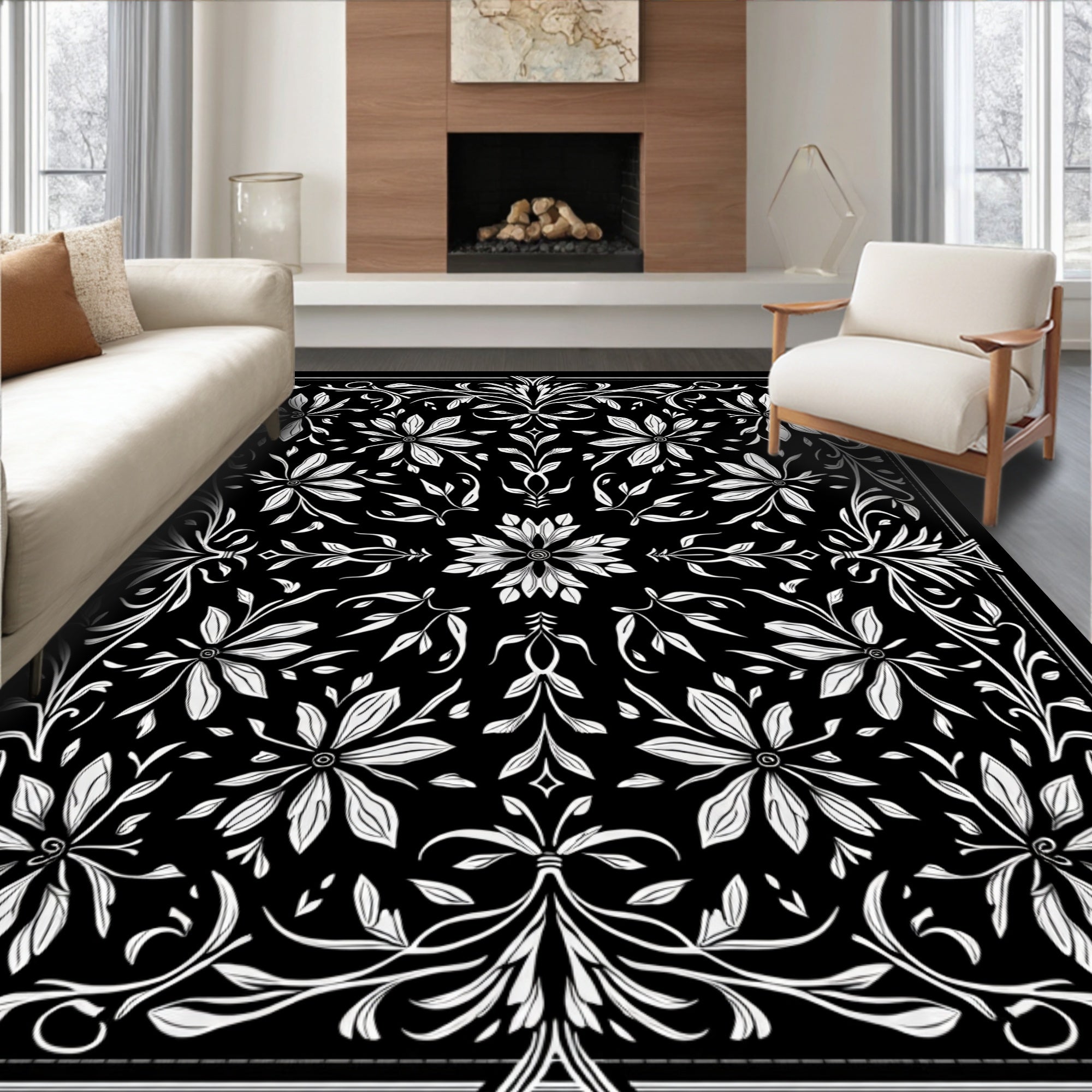 Ornate Black White Floral Scrollwork Rug