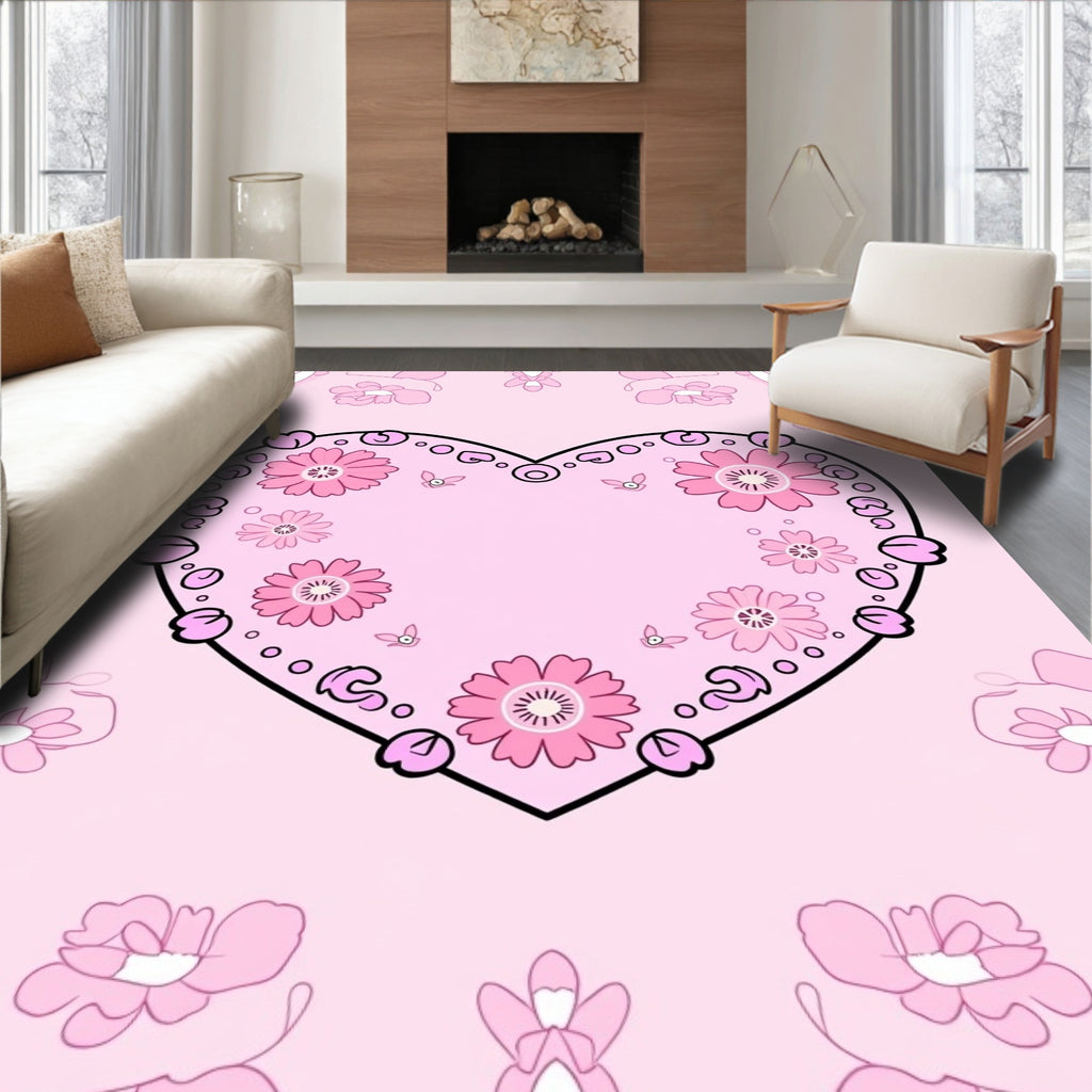 Pink Heart Floral Whimsical Design Rug