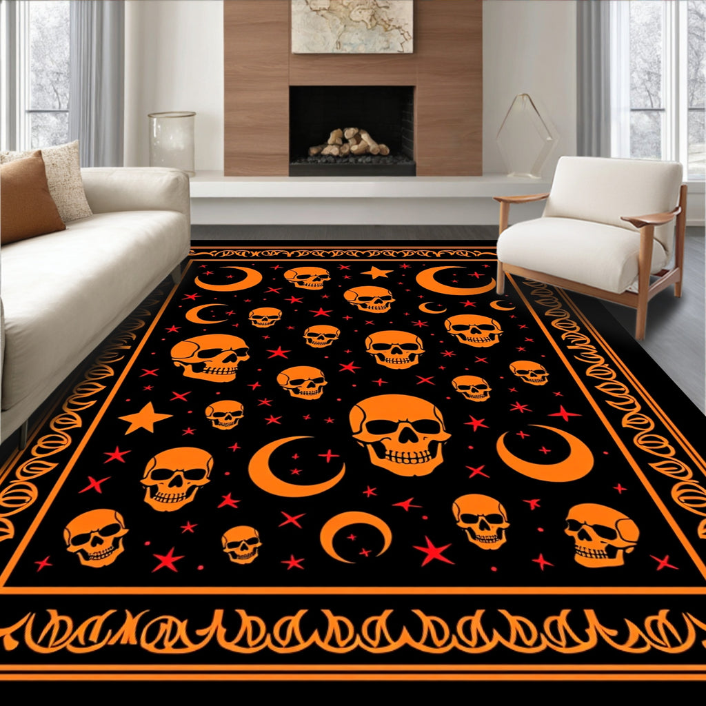 Orange Skull And Moon Pattern Rug