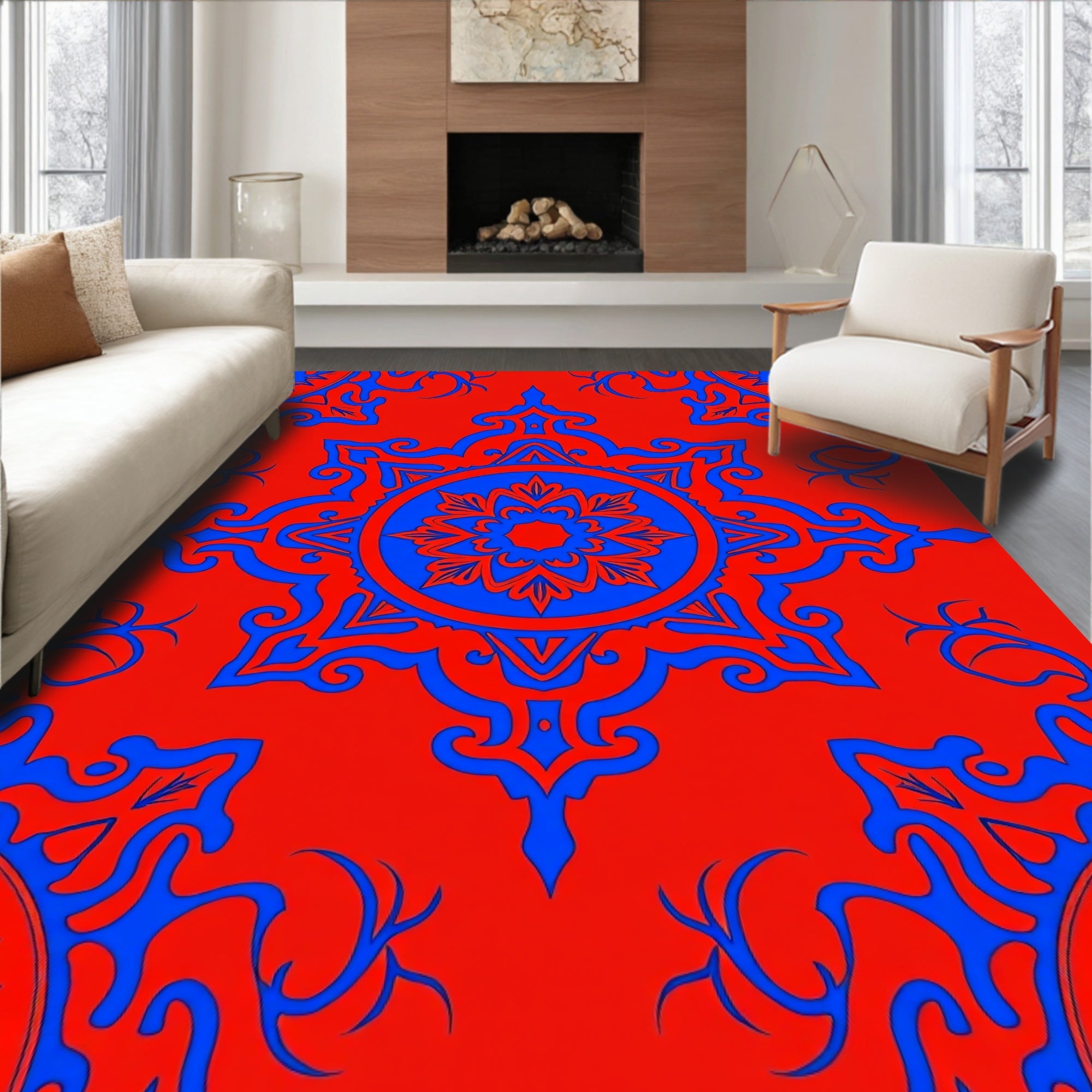 Bold Red Blue Medallion Design Rug