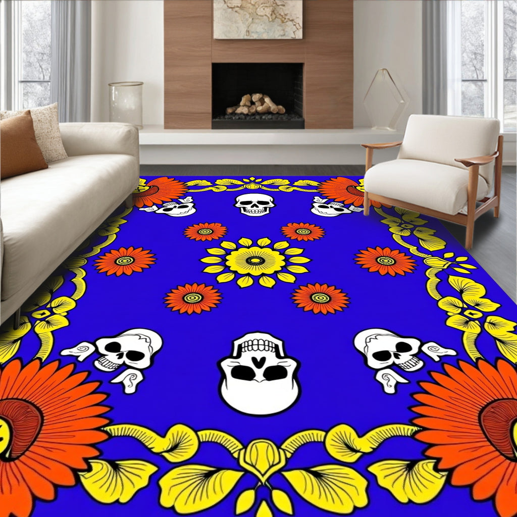 Bold Skull Flower Pattern Rug