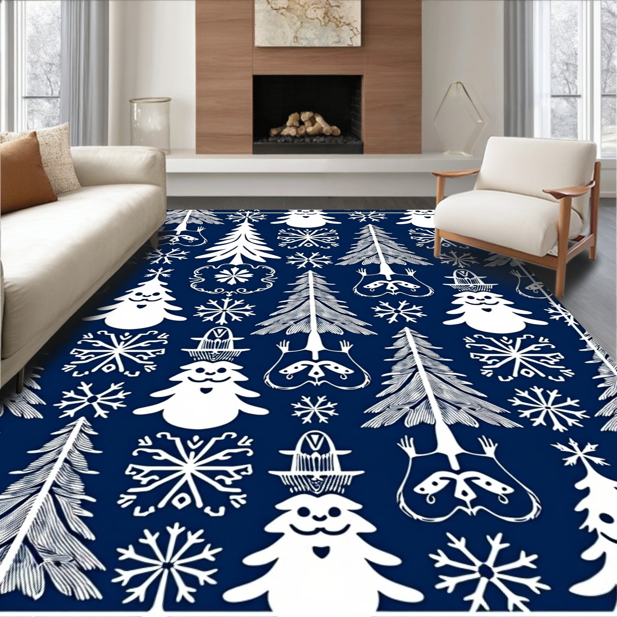 Charming White Snowman Evergreen Snowflake Trio Rug