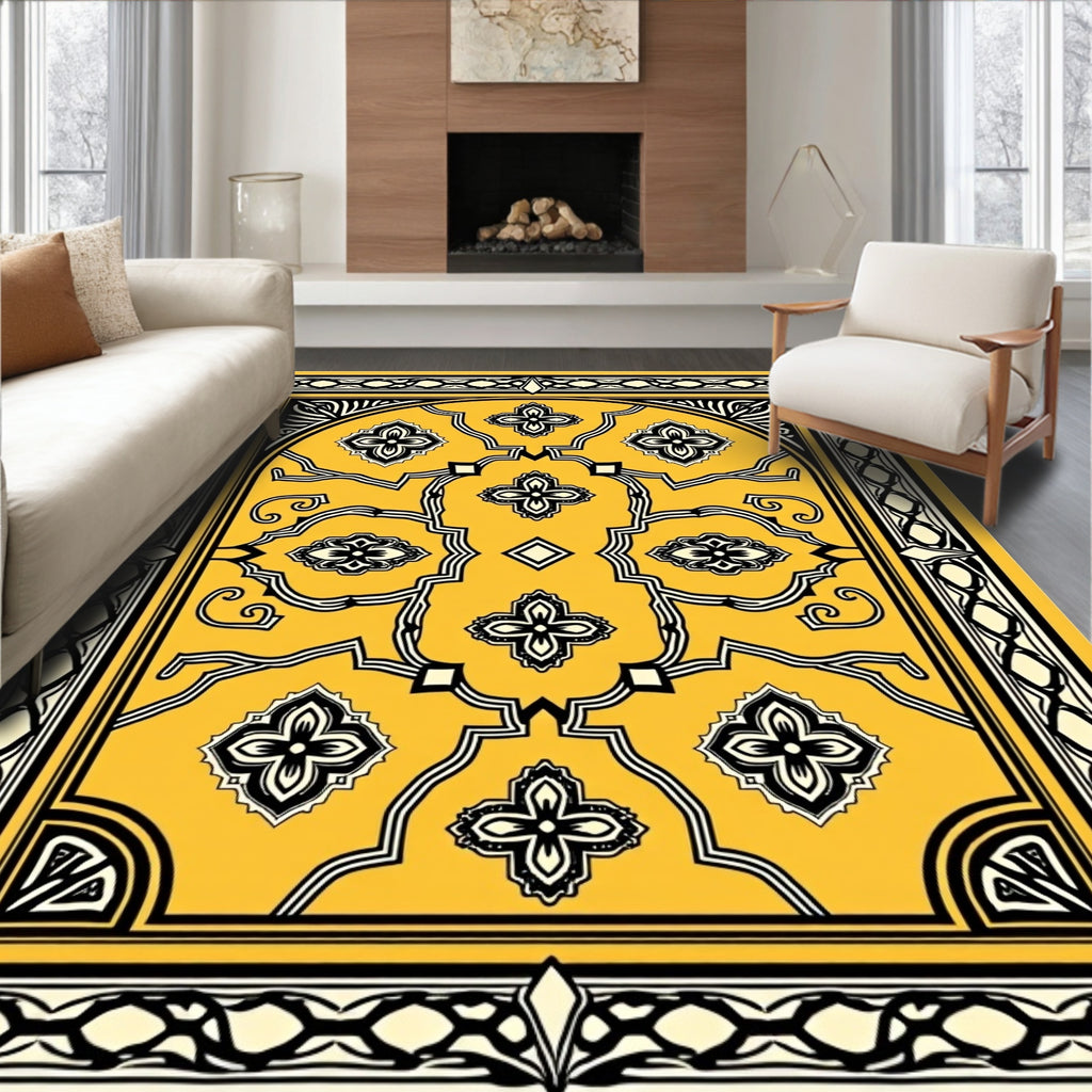 Golden Yellow Ornate Floral Scroll Rug