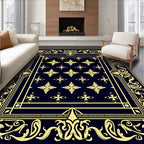 Navy Gold Floral Ornate Border Rug