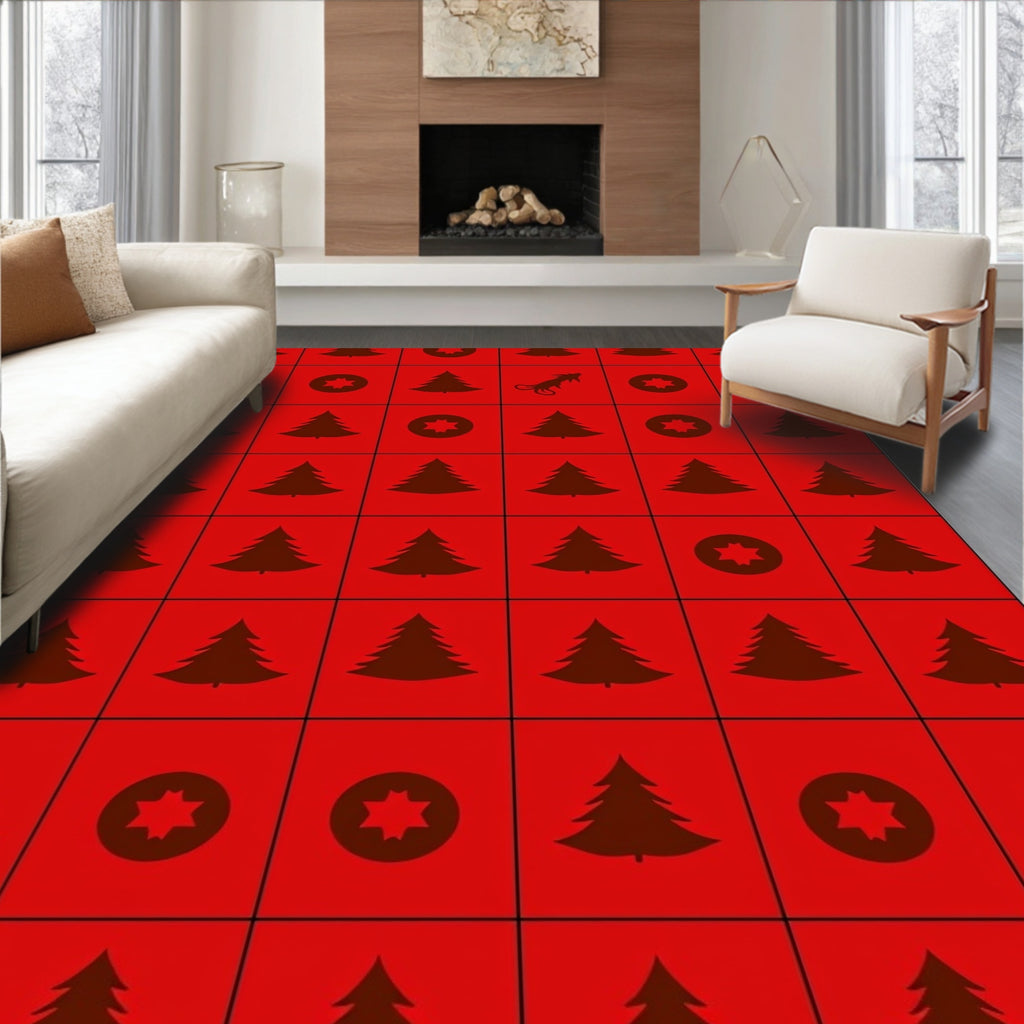Red Christmas Trees Wolf Pattern Rug