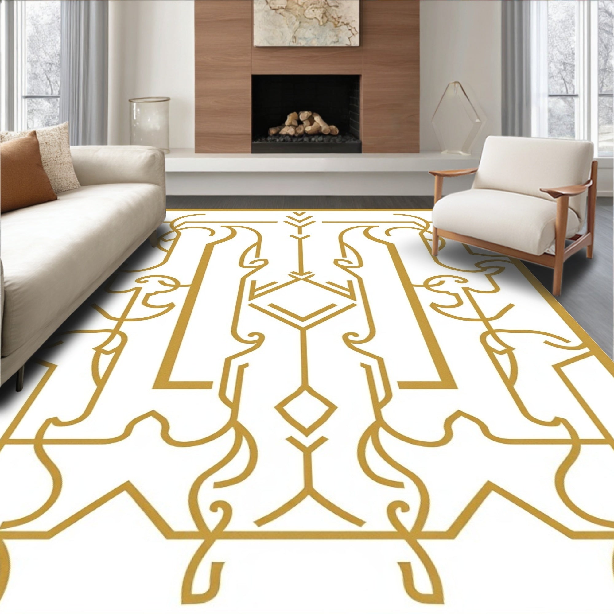 Golden Art Deco Inspired Geometric Line Art Rug