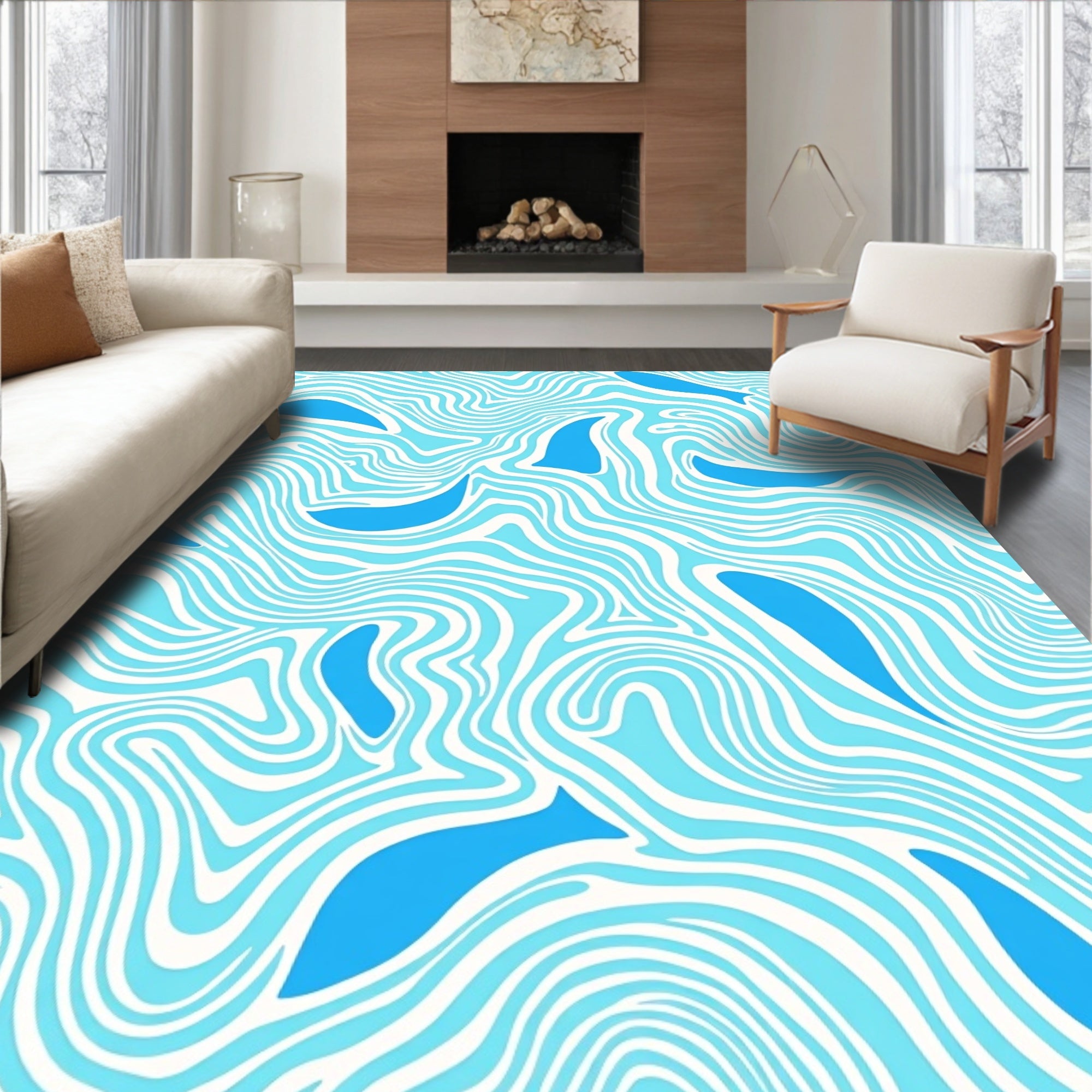 Blue Fish Flowing Wave Pattern Rug