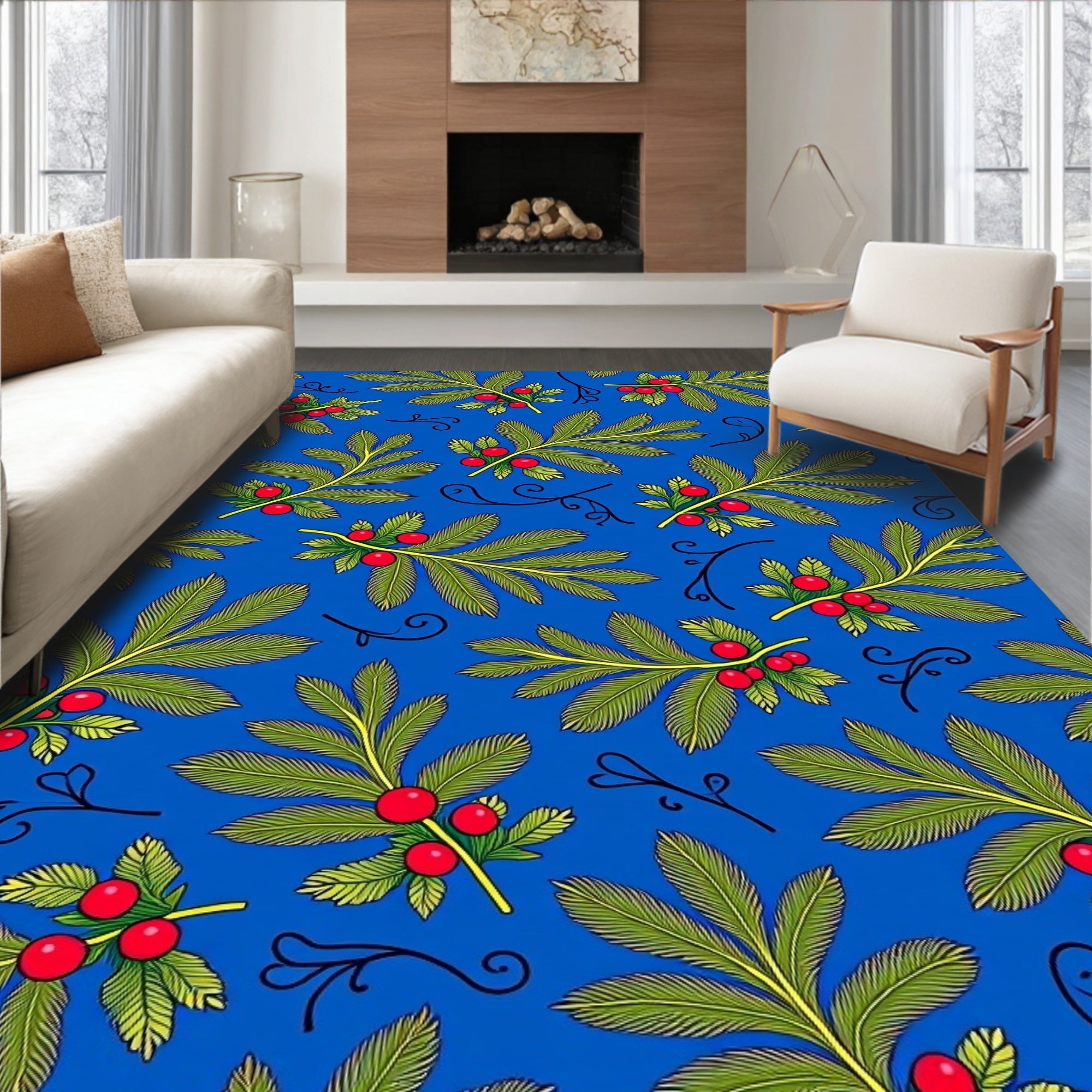 Vibrant Red Berry Leaf Pattern Rug