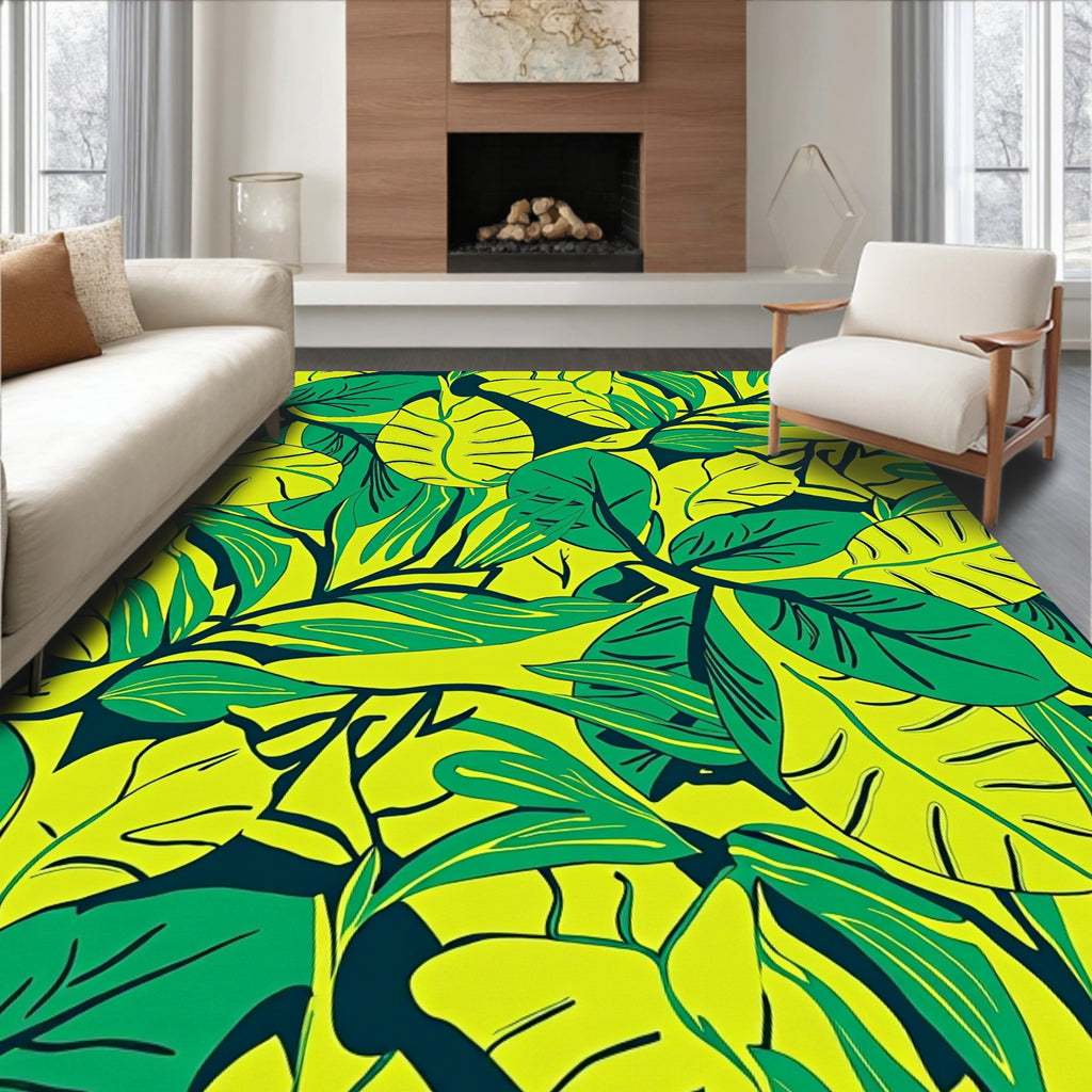 Vibrant Green Leaf Pattern Design Rug
