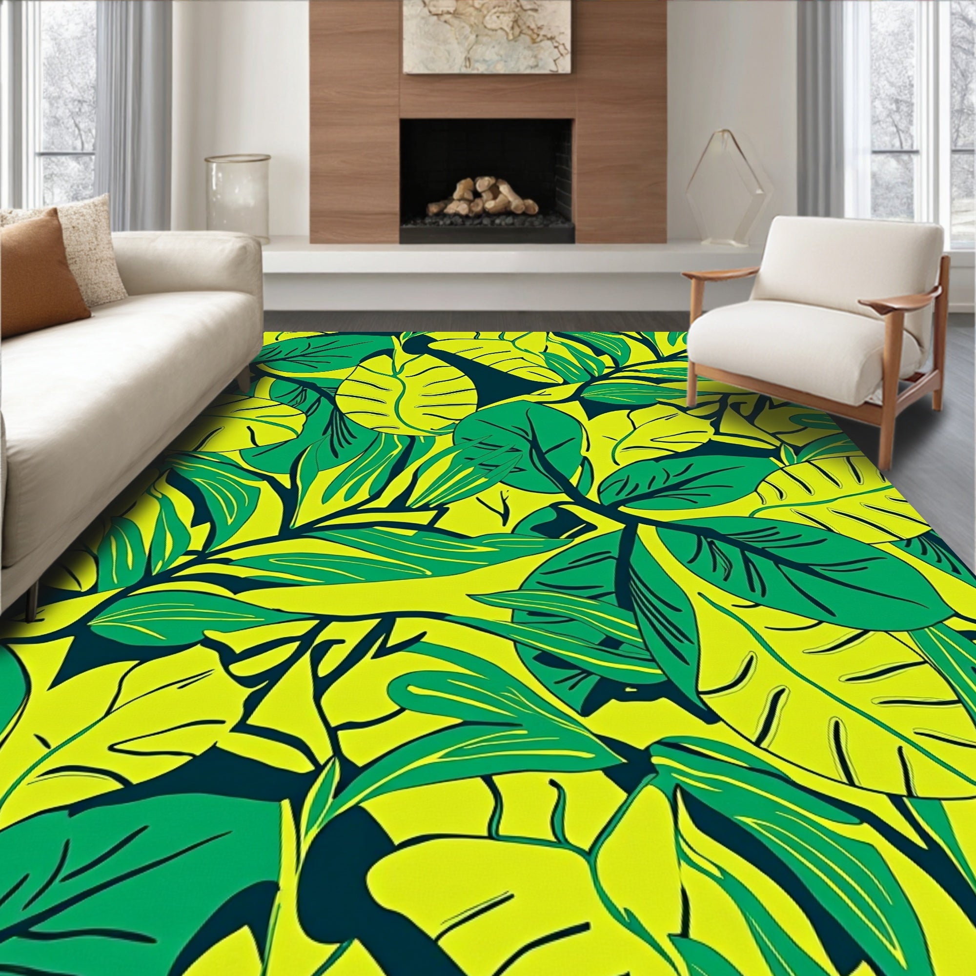 Vibrant Green Leaf Pattern Design Rug