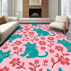 Teal Cats Red Flowers Pattern Rug