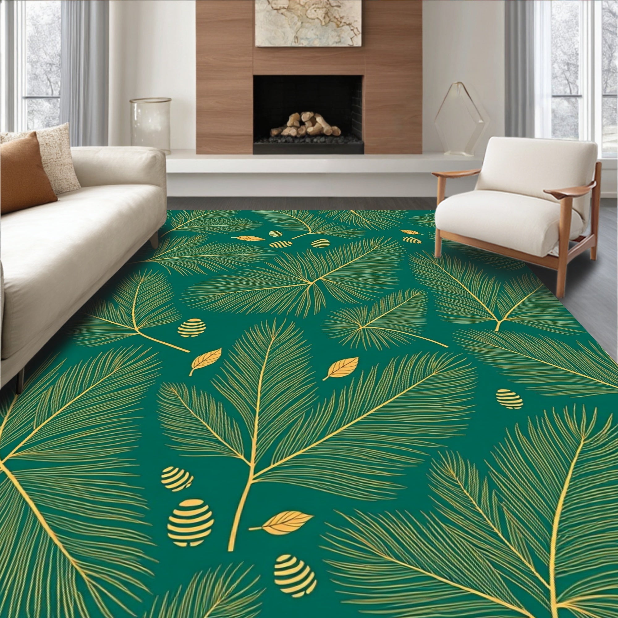Emerald Green Golden Feather Forest Rug