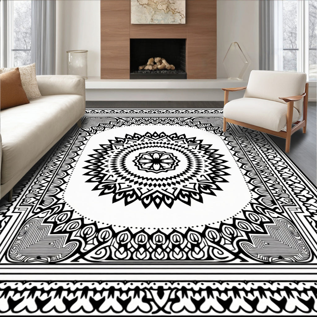 Intricate Black White Mandala Design Rug