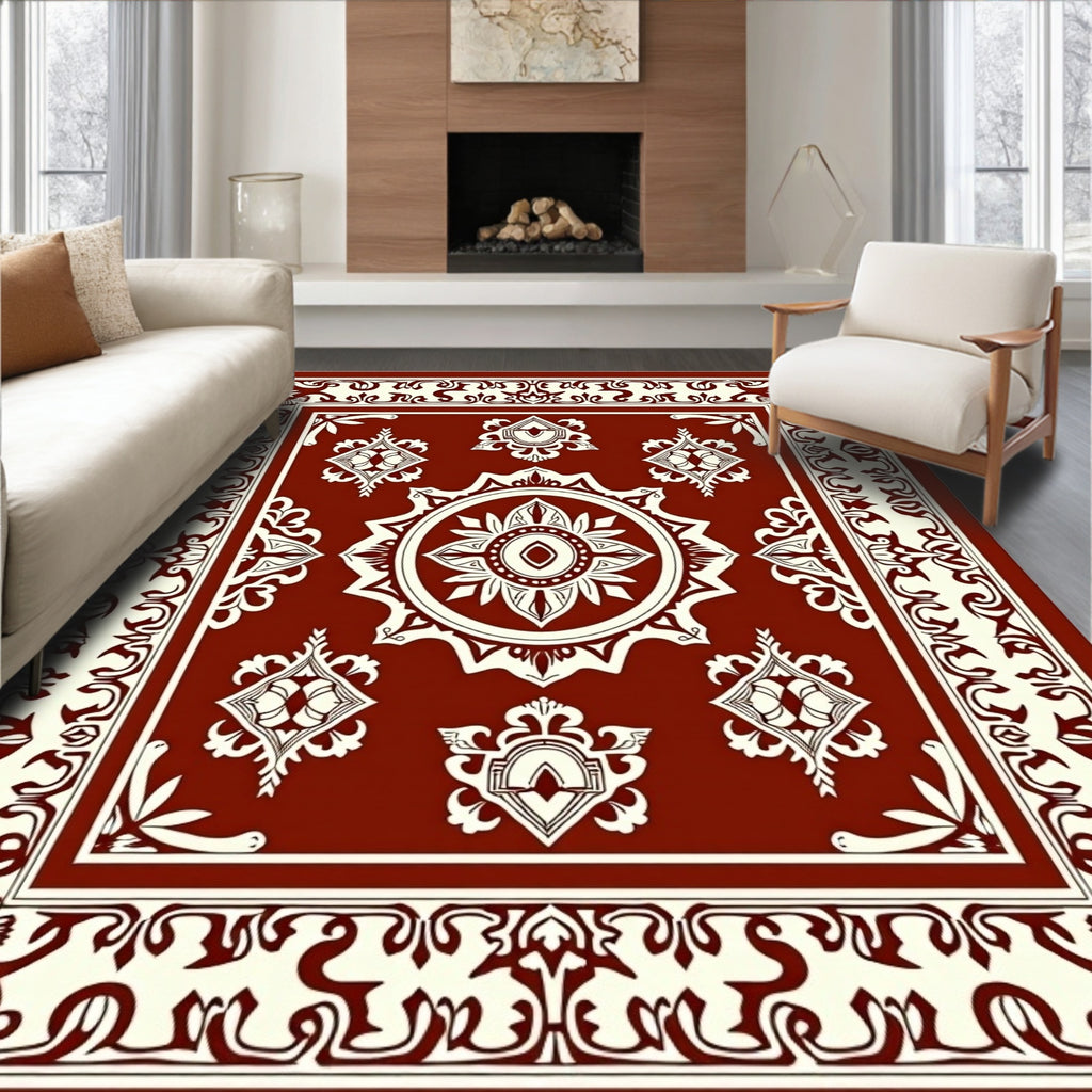 Ornate Red Cream Medallion Pattern Rug