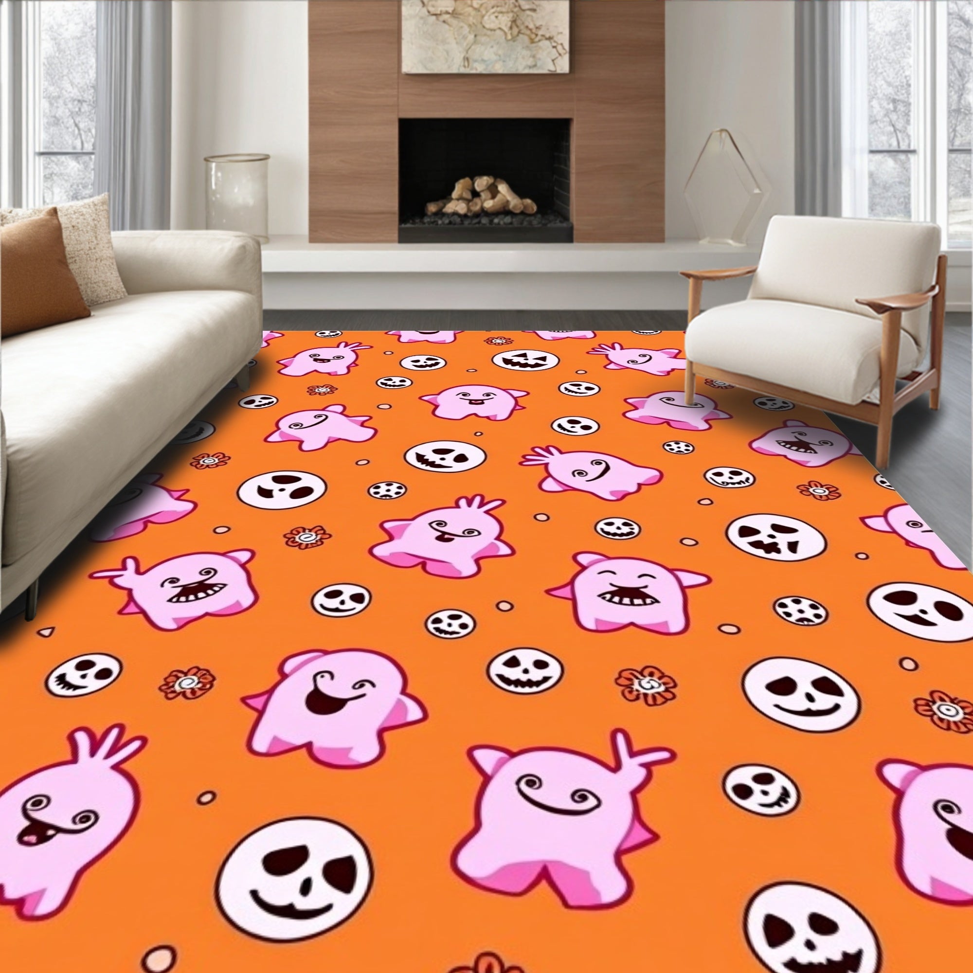 Cute Pink Ghosts Skull Pattern Rug