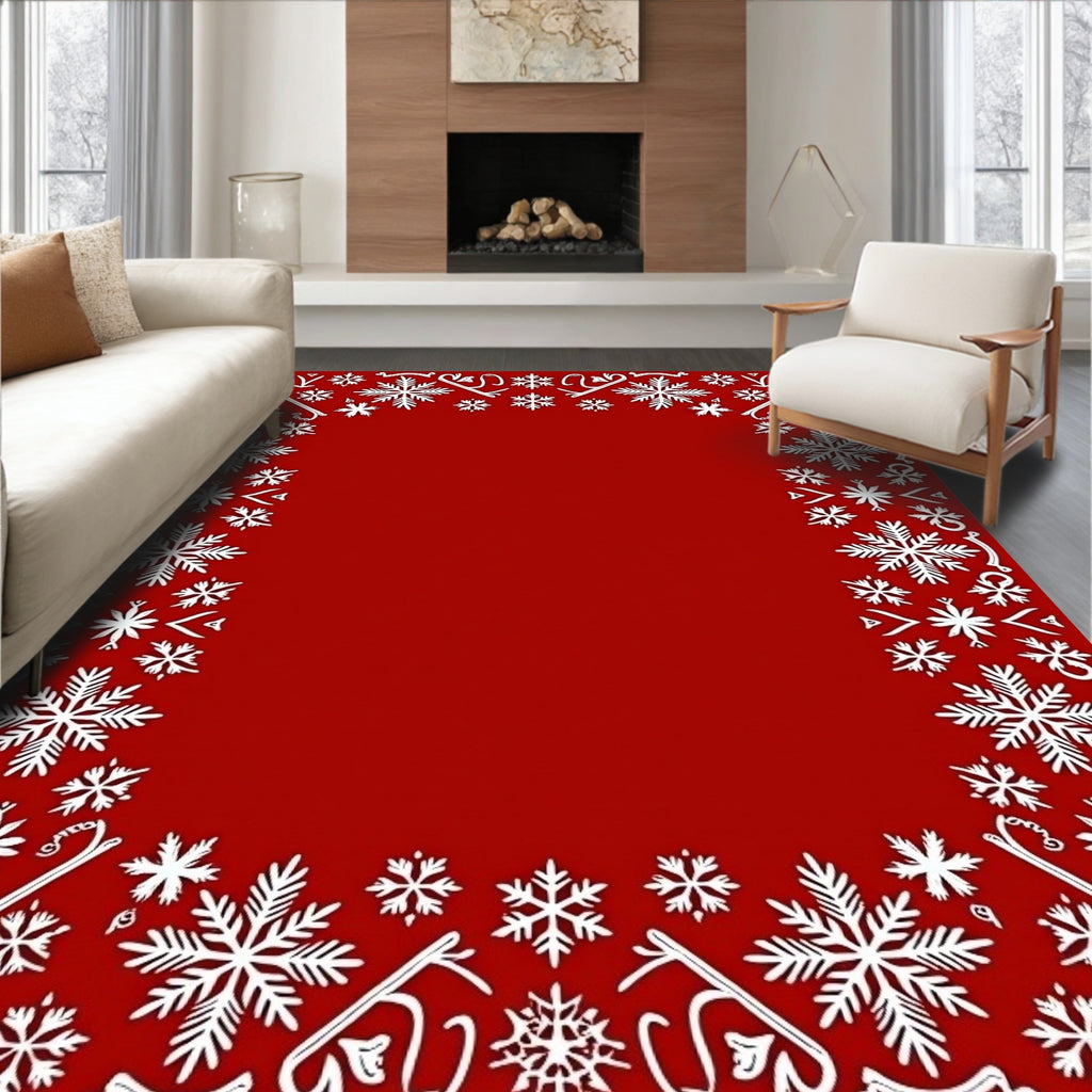 White Snowflake Border Red Rug