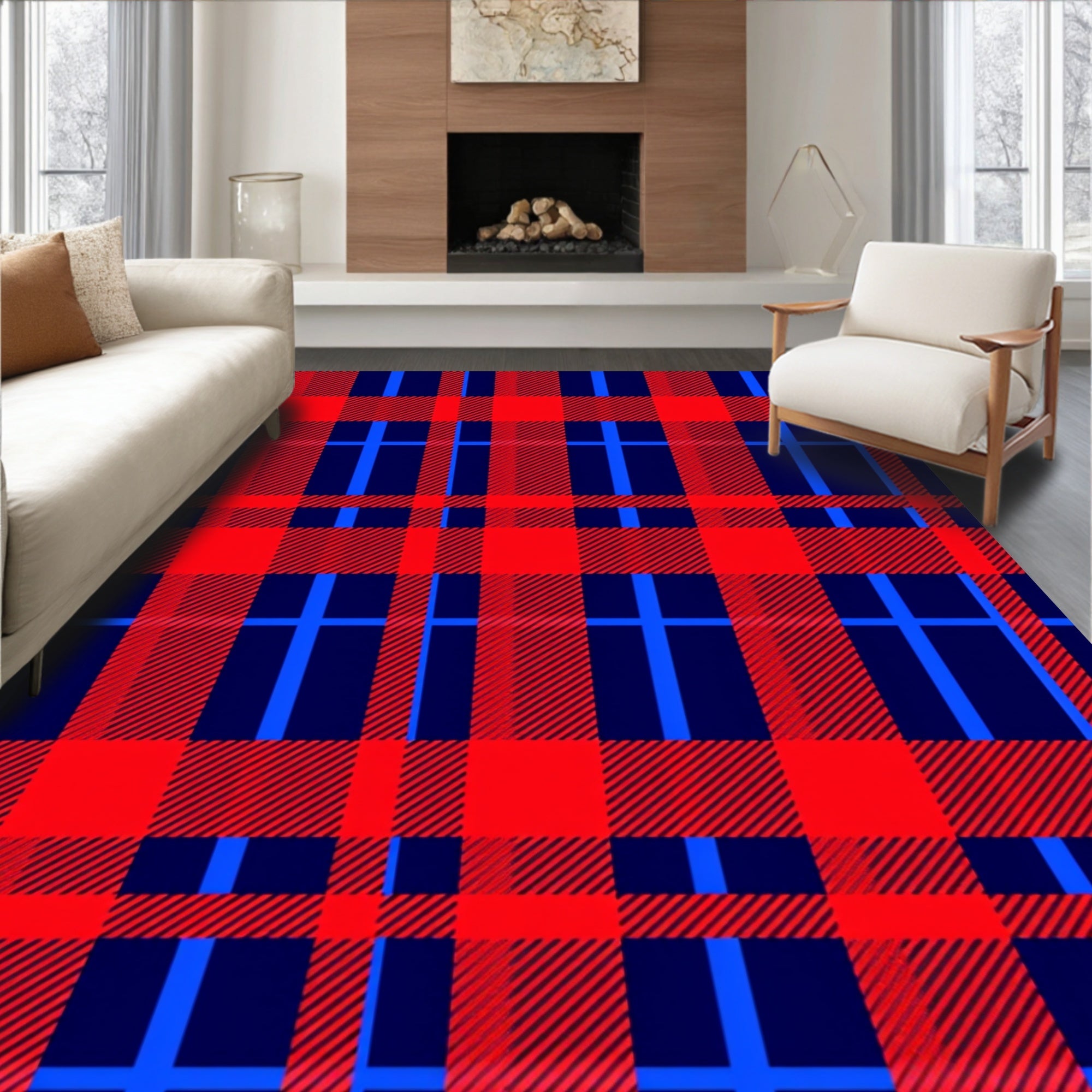 Classic Red Blue Plaid Pattern Rug