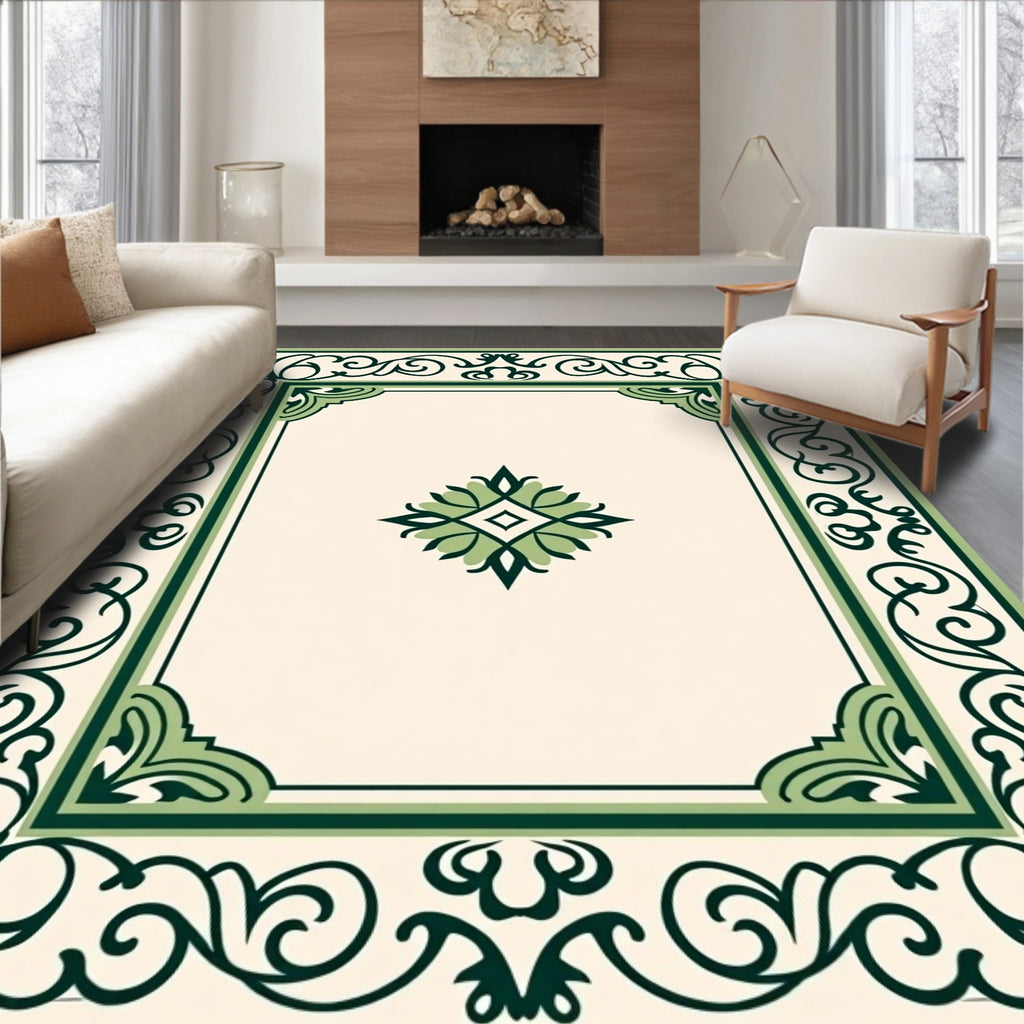 Green Scrollwork Elegant Geometric Pattern Rug