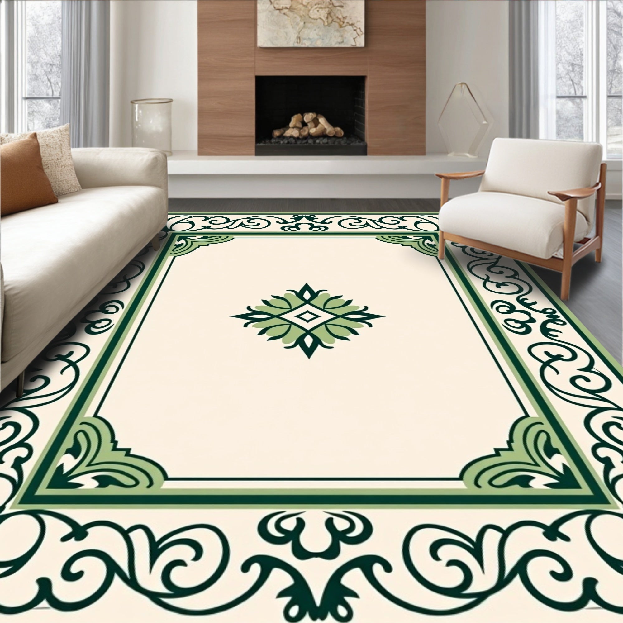Green Scrollwork Elegant Geometric Pattern Rug