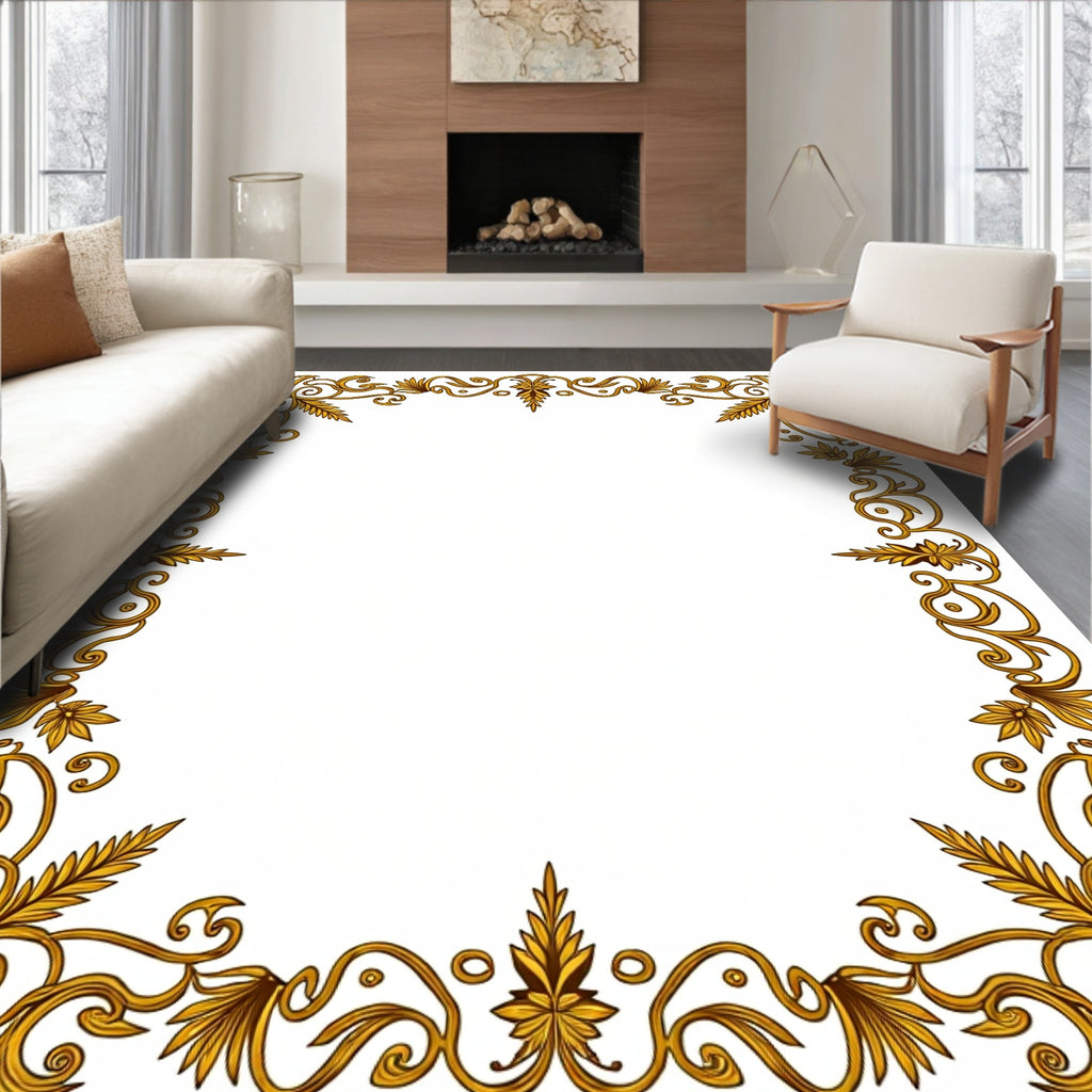 Ornate Golden Swirl Leaf Frame Rug
