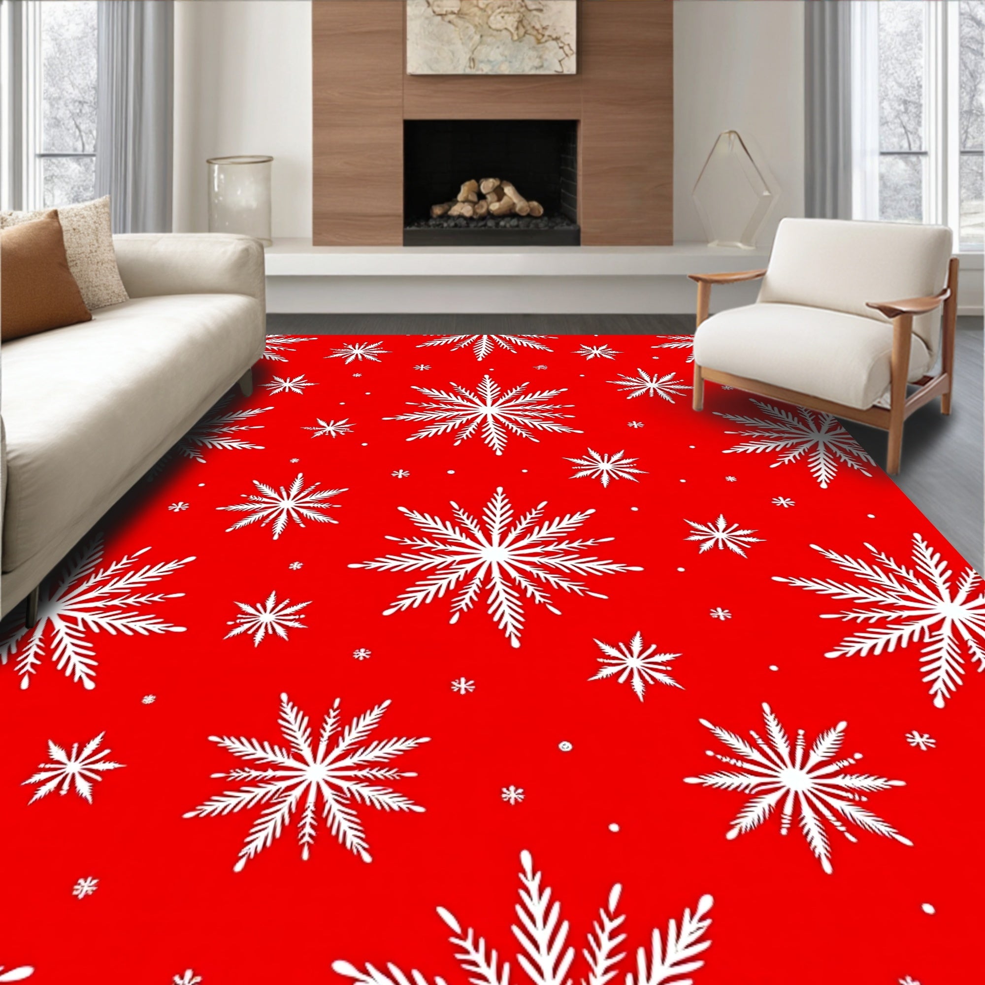 Classic White Snowflake Festive Pattern Rug