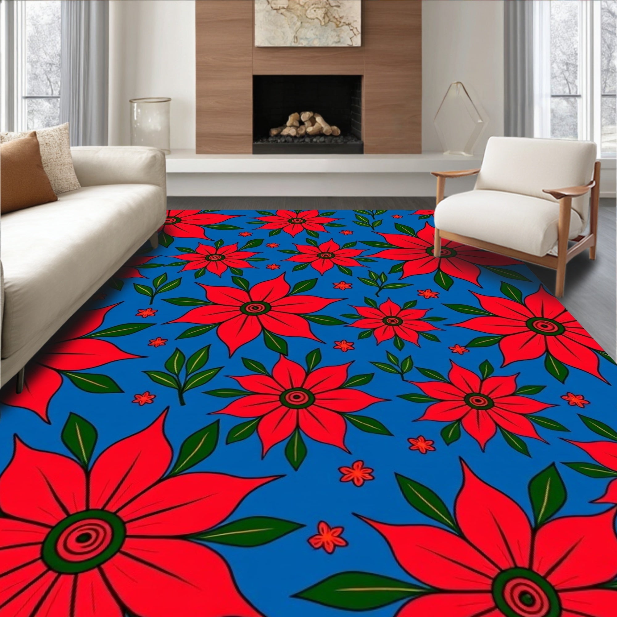 Vibrant Red Flower Garden Blue Rug
