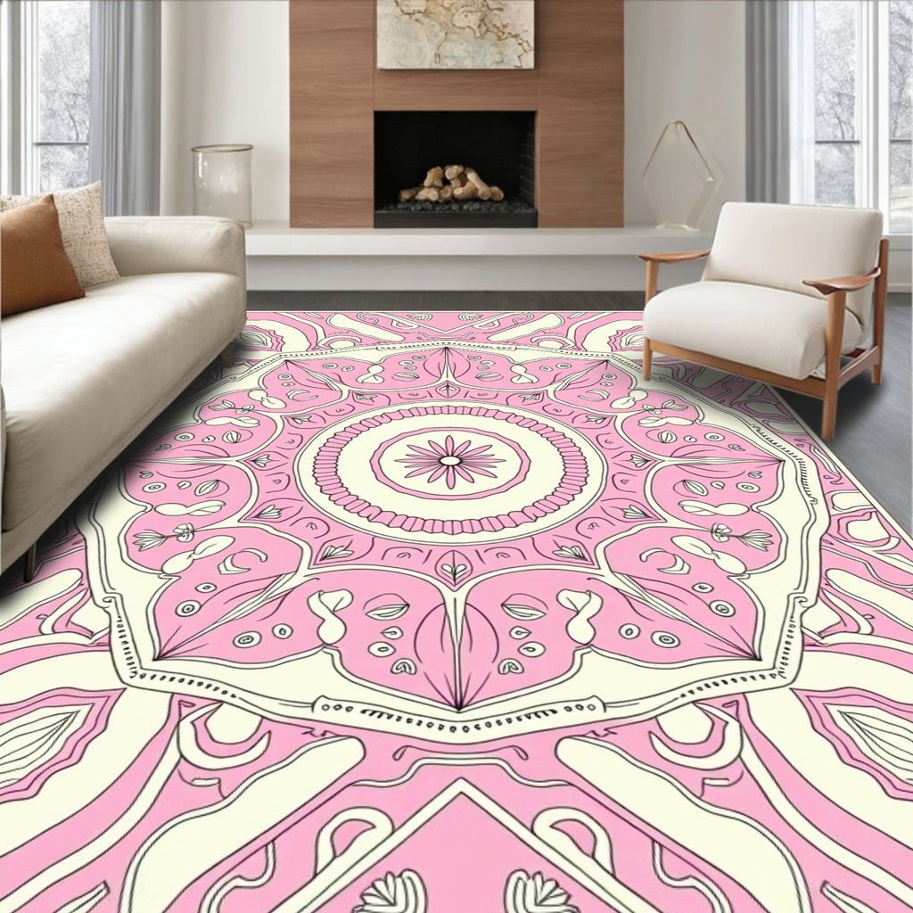 Pink Cream Mandala Pattern Design Rug