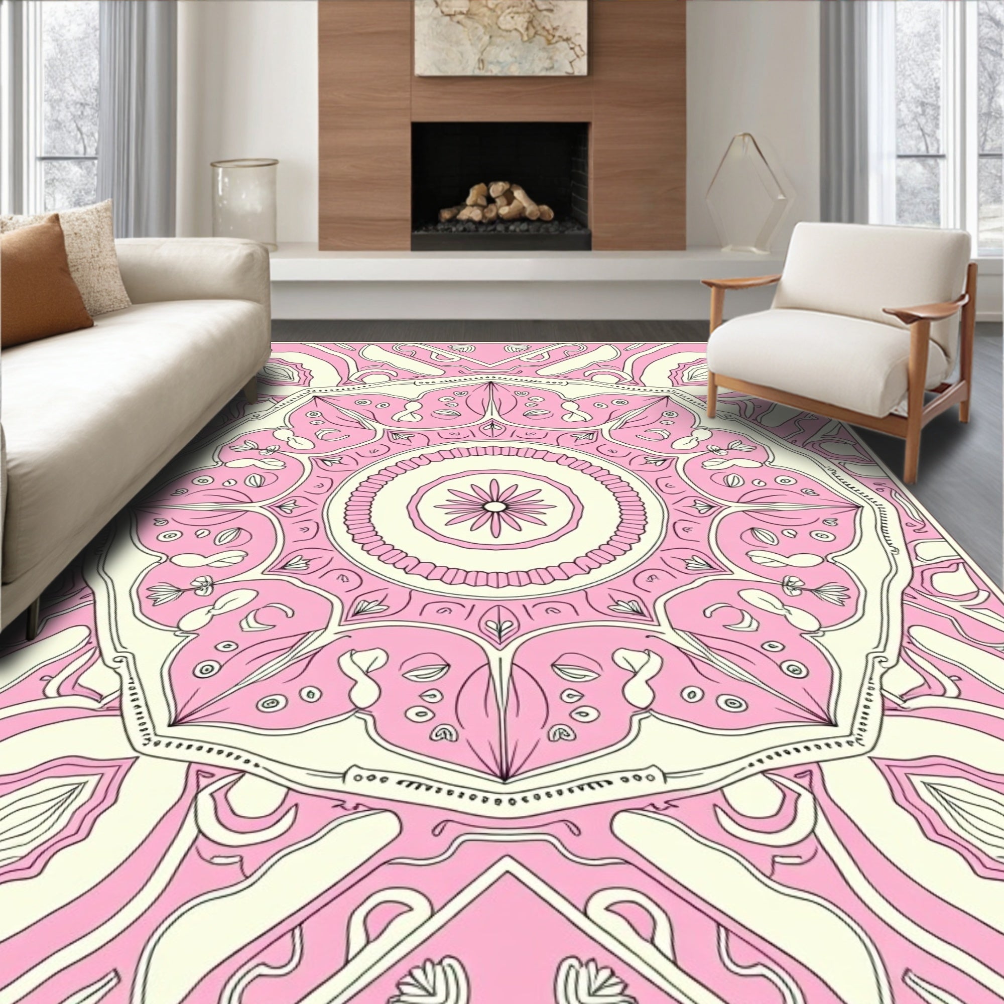 Pink Cream Mandala Pattern Design Rug