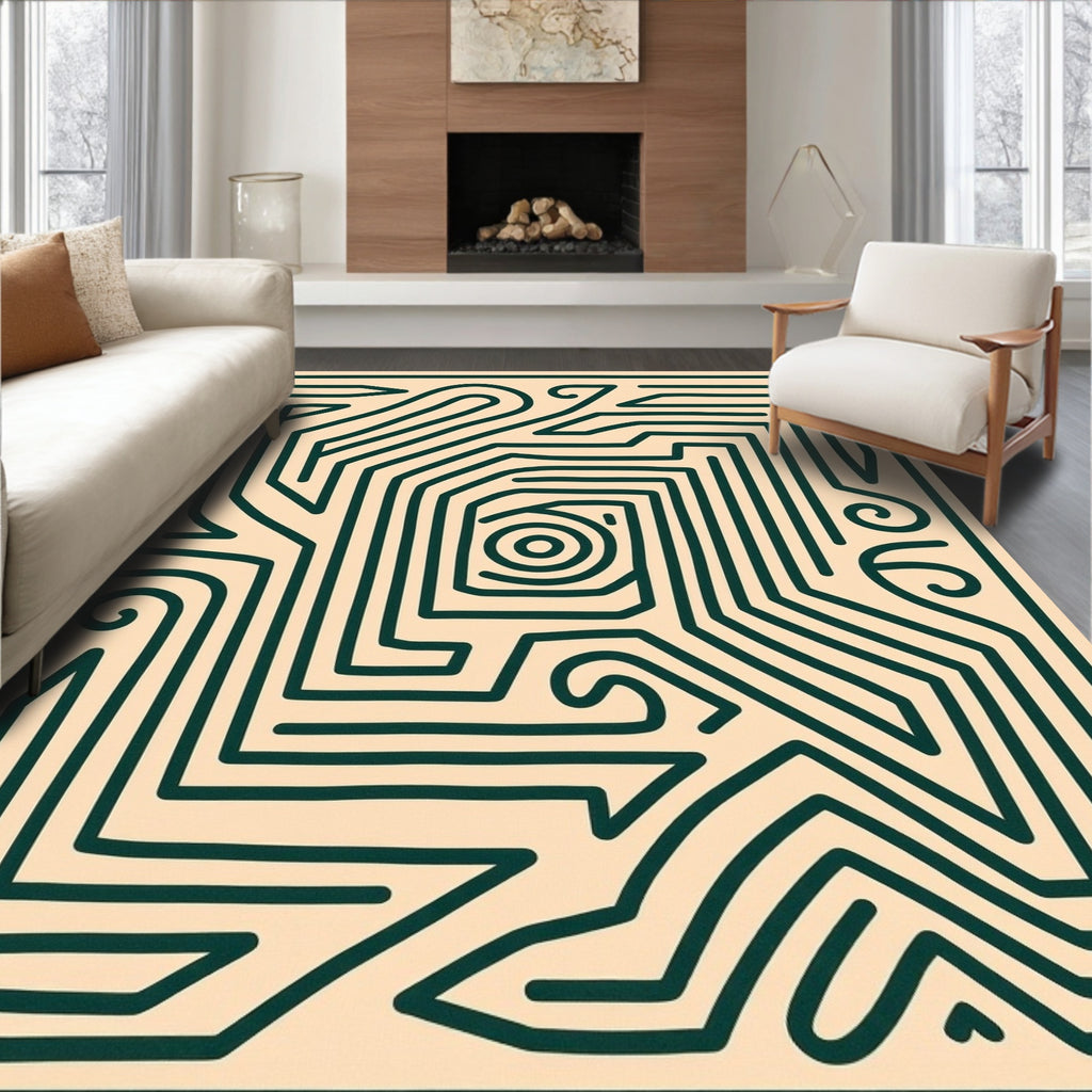 Minimalist Beige Green Maze Rug