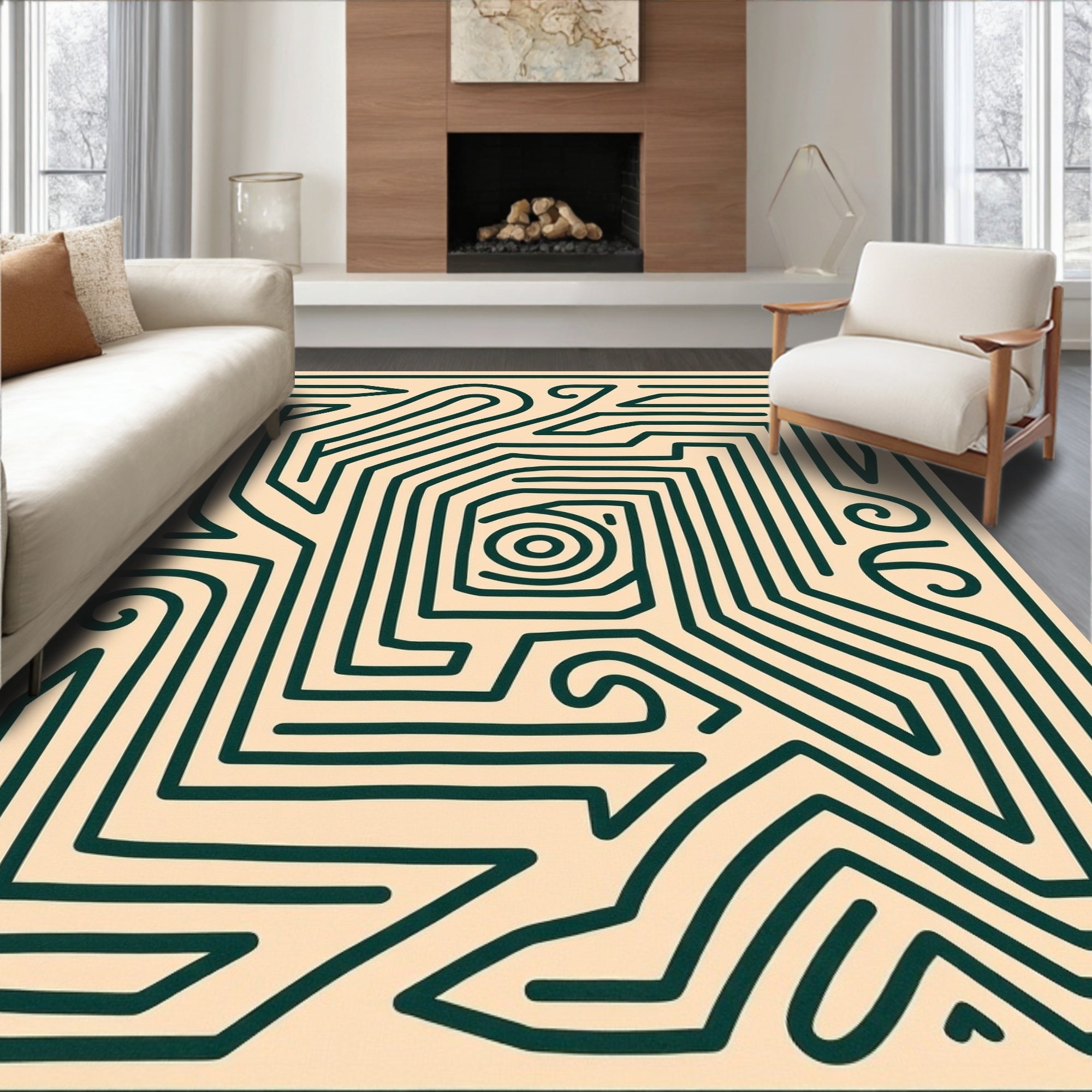 Minimalist Beige Green Maze Rug