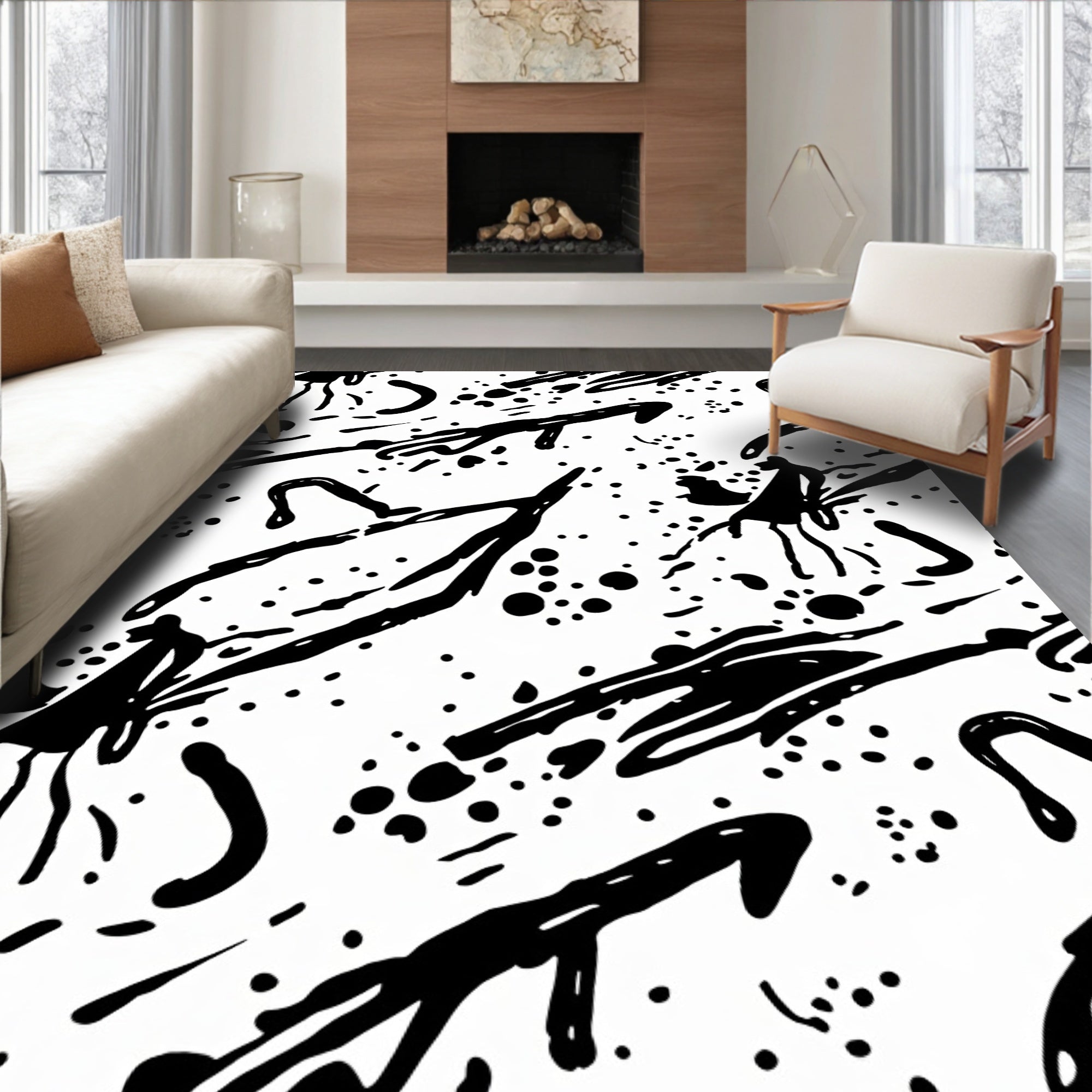 Abstract Black Splatter Pattern Rug