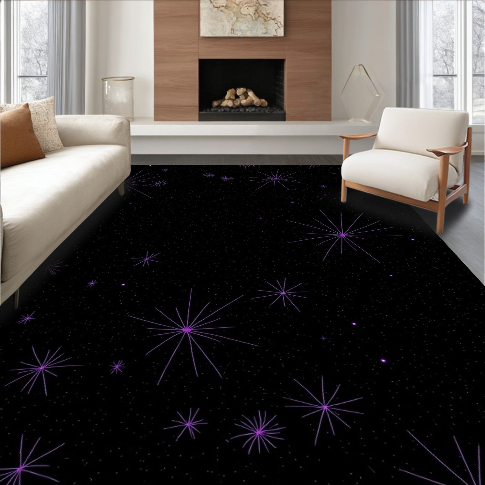 Purple Starbursts Scattered On Black Rug