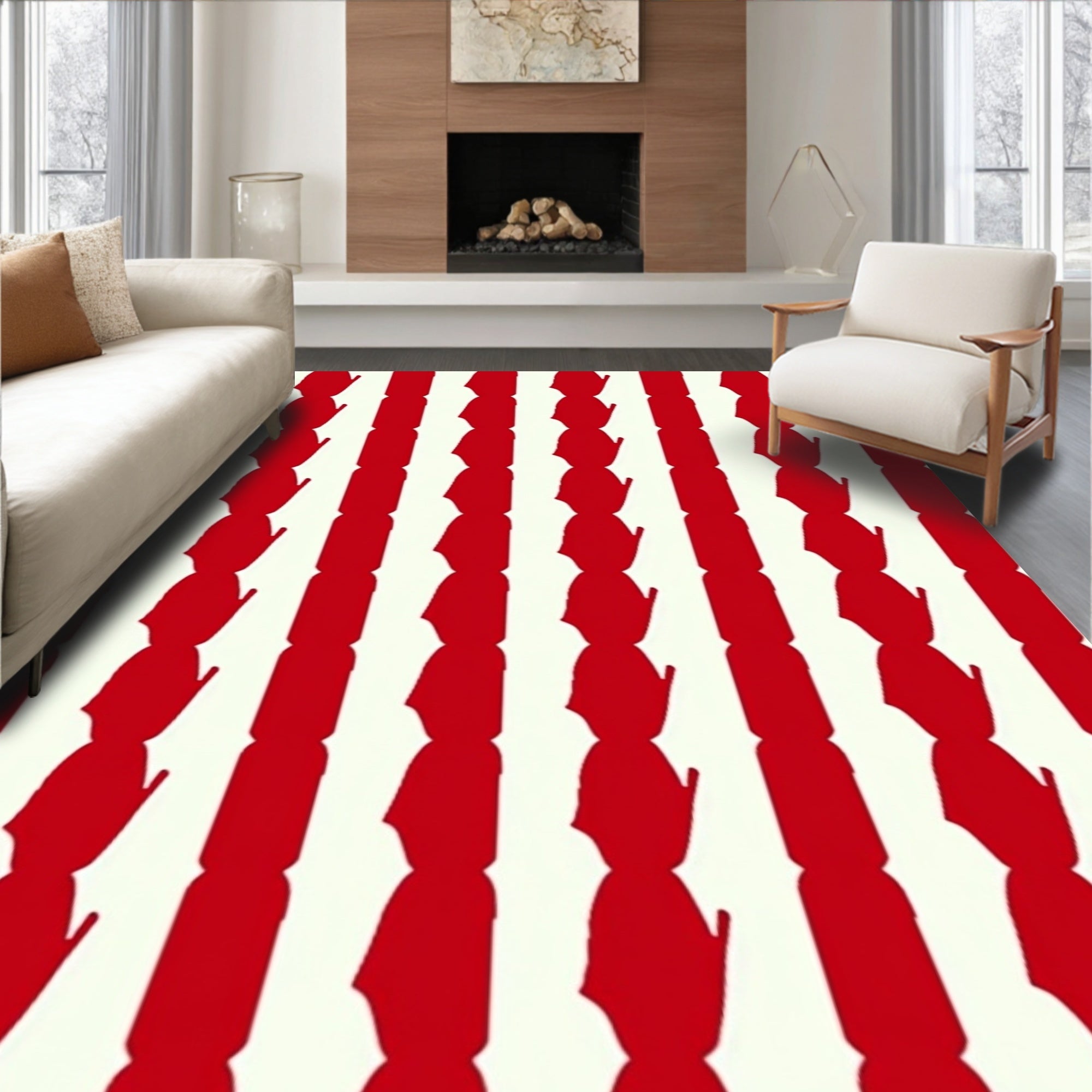 Red White Vertical Silhouette Pattern Rug
