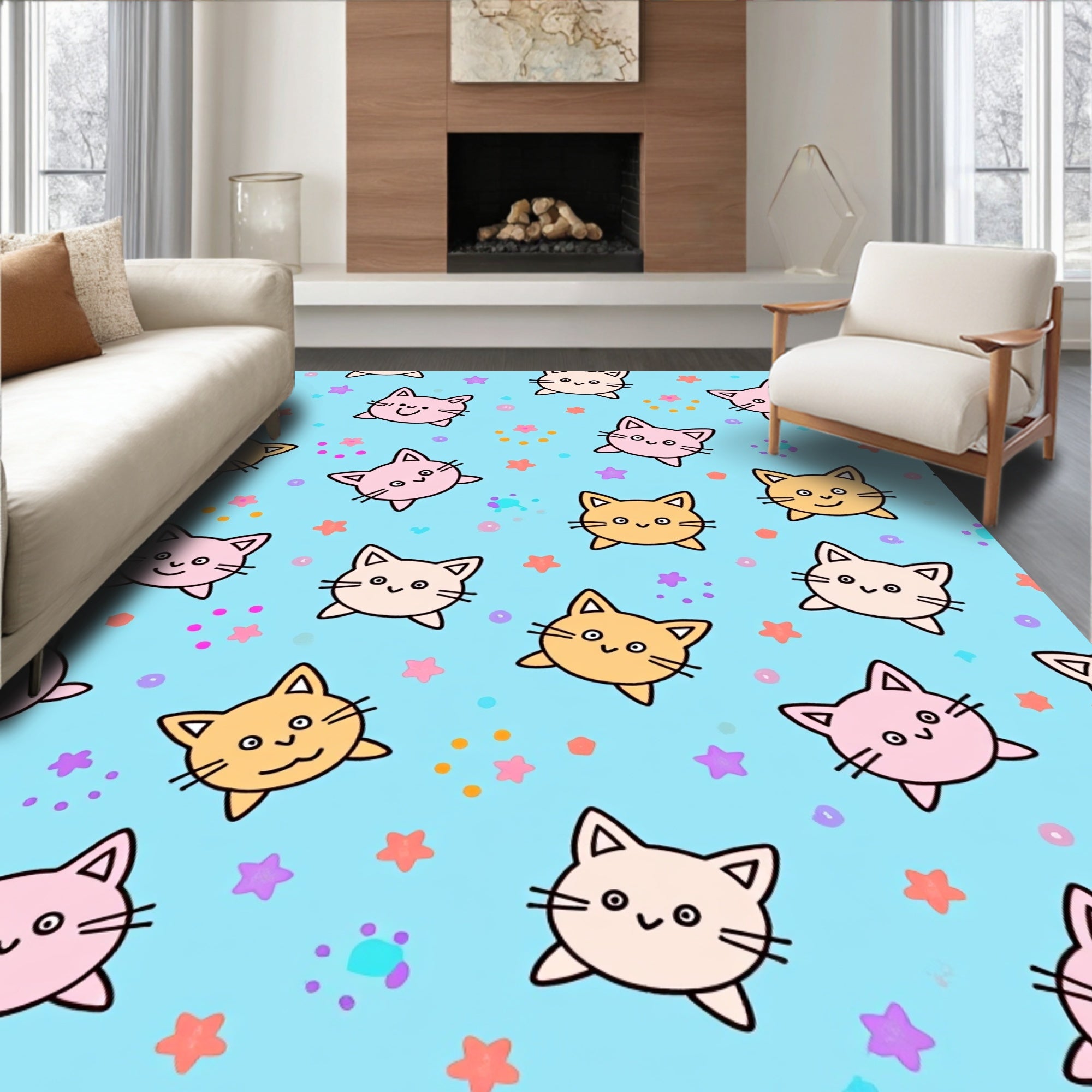 Cute Kawaii Cats With Stars Pattern Rug