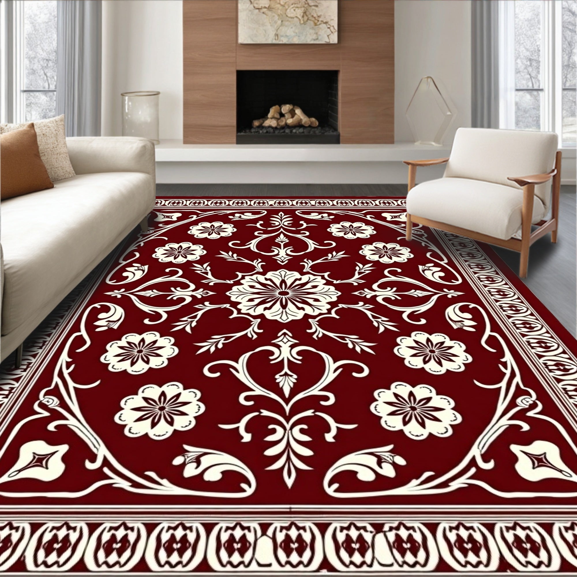Crimson Floral Scroll Pattern Rug