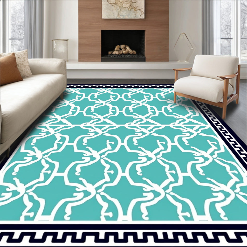 Modern White Teal Geometric Pattern Rug