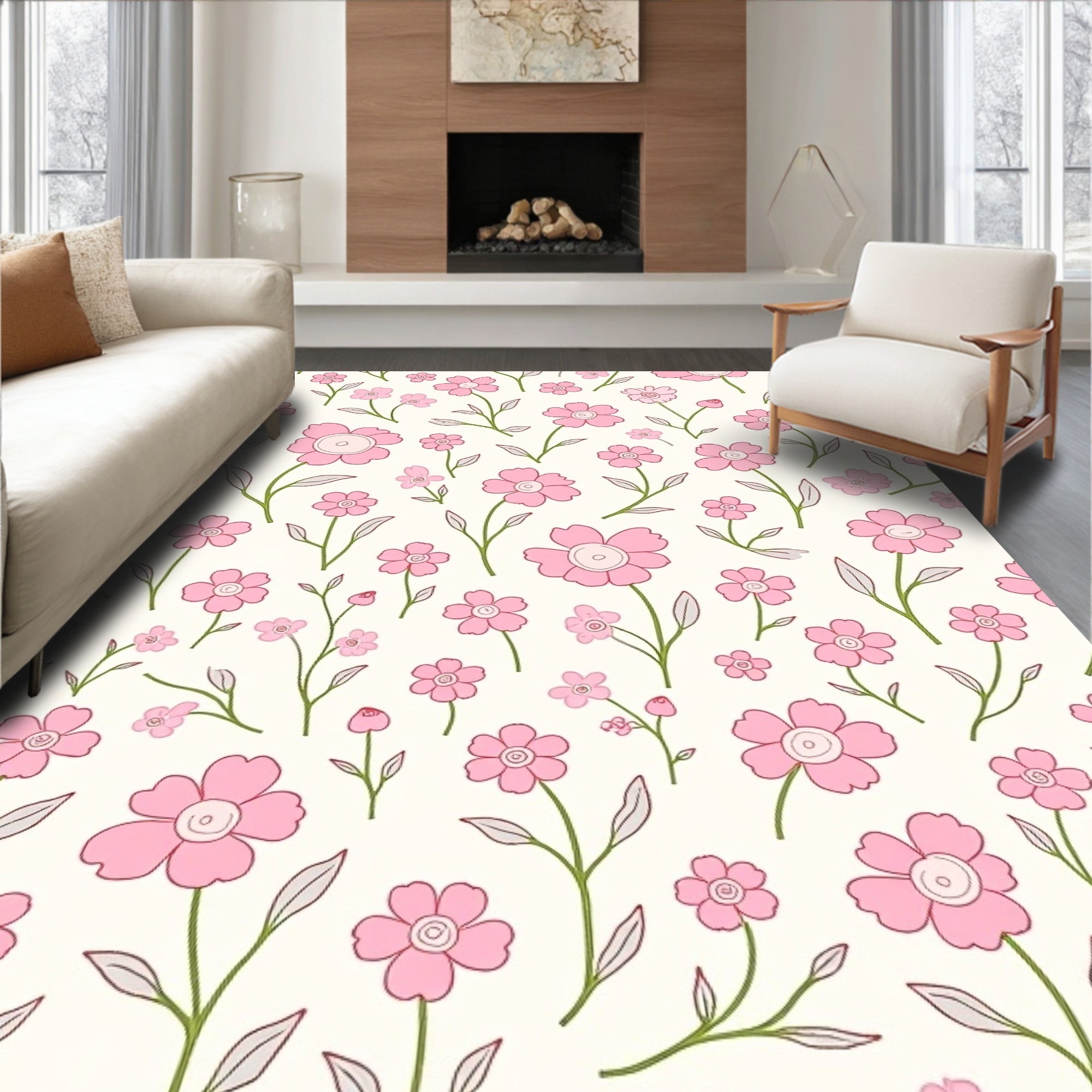 Delicate Pink Floral Pattern Rug