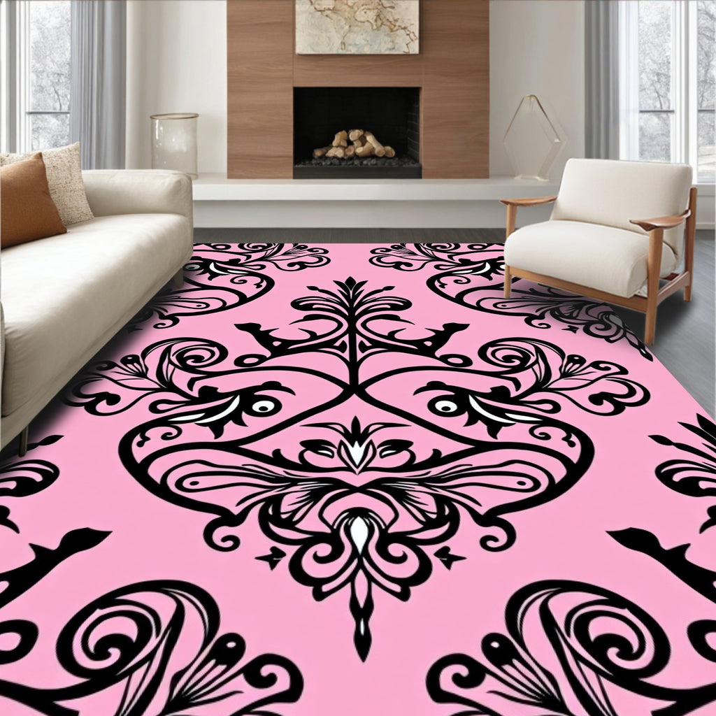 Pink Black Damask Floral Pattern Rug