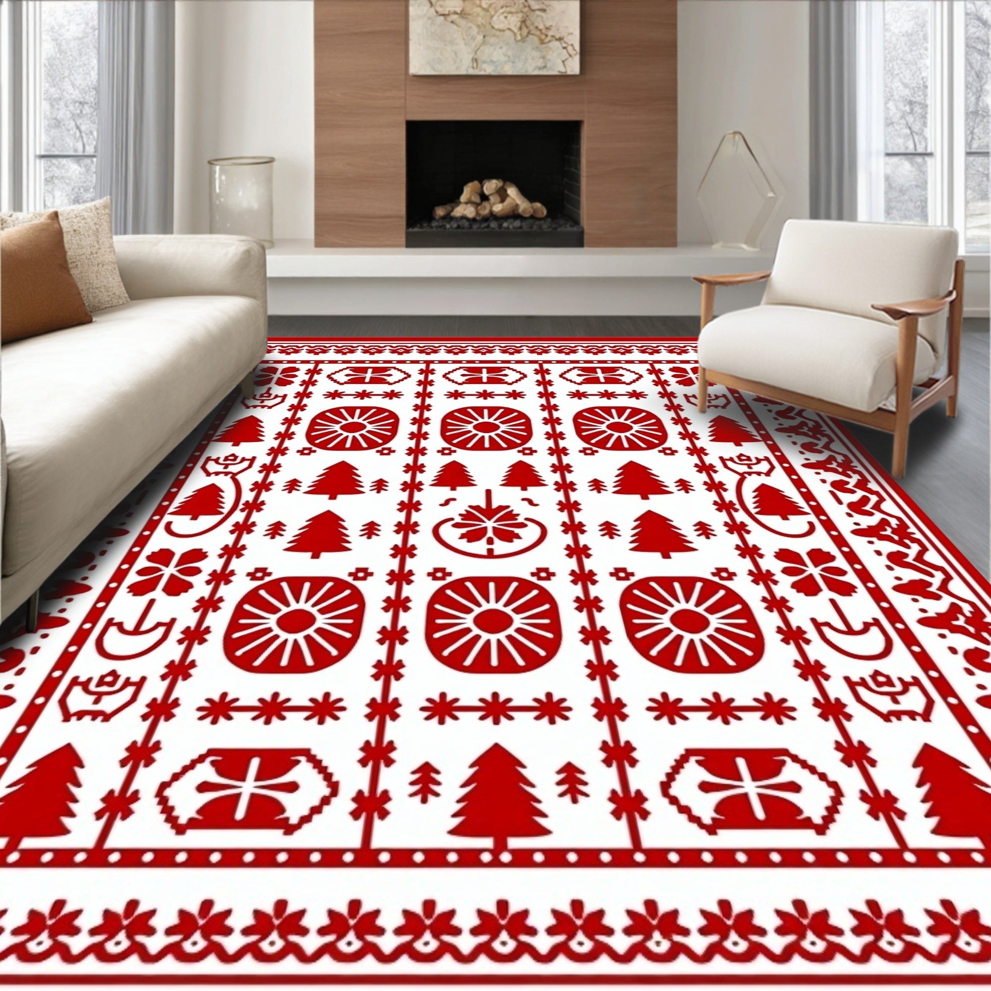 Classic Red Geometric Tree Folk Rug