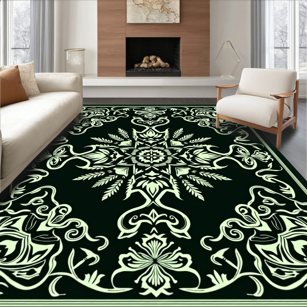 Antique Black Floral Scroll Medallion Rug