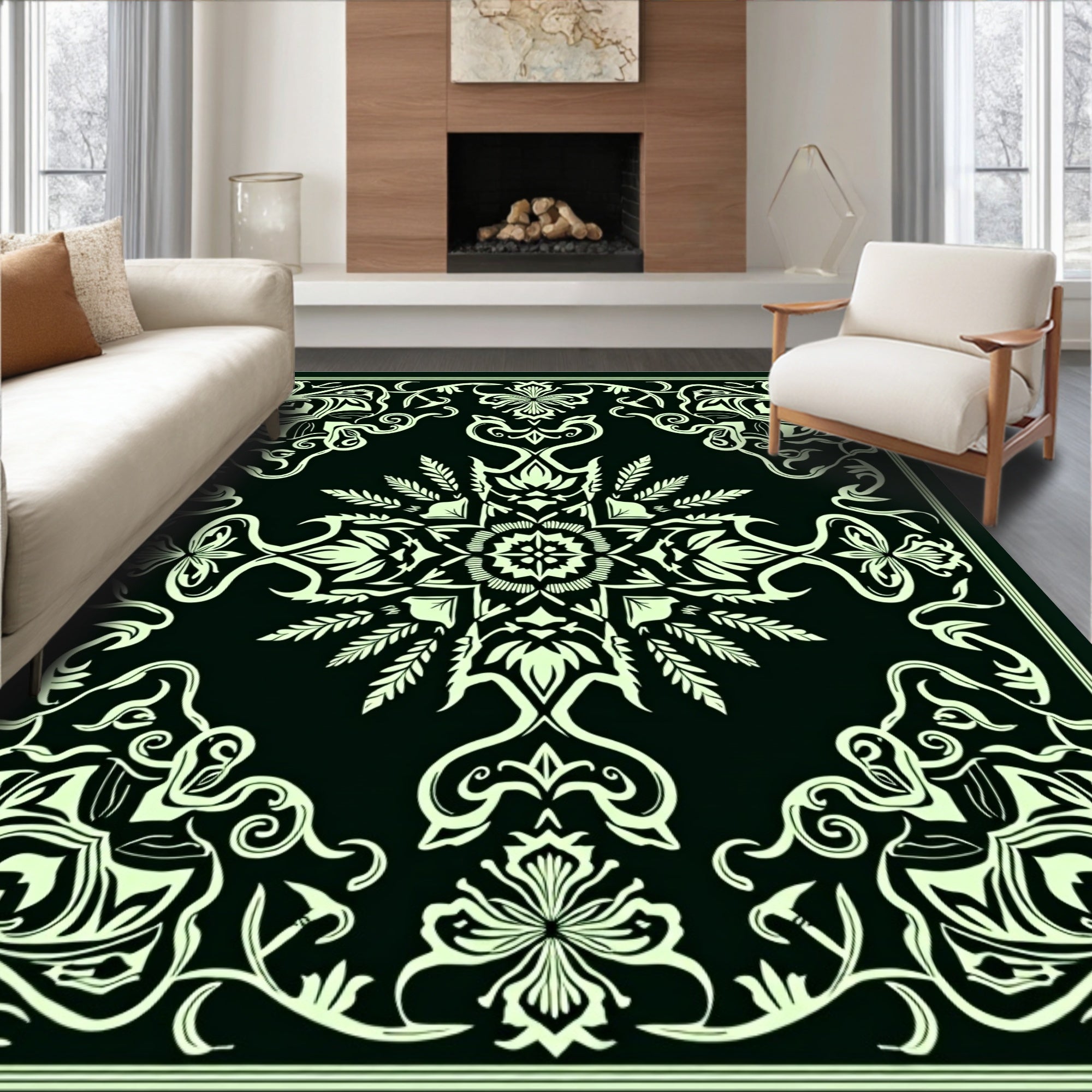 Antique Black Floral Scroll Medallion Rug