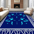 Deep Blue Teal Abstract Floral Frame Rug
