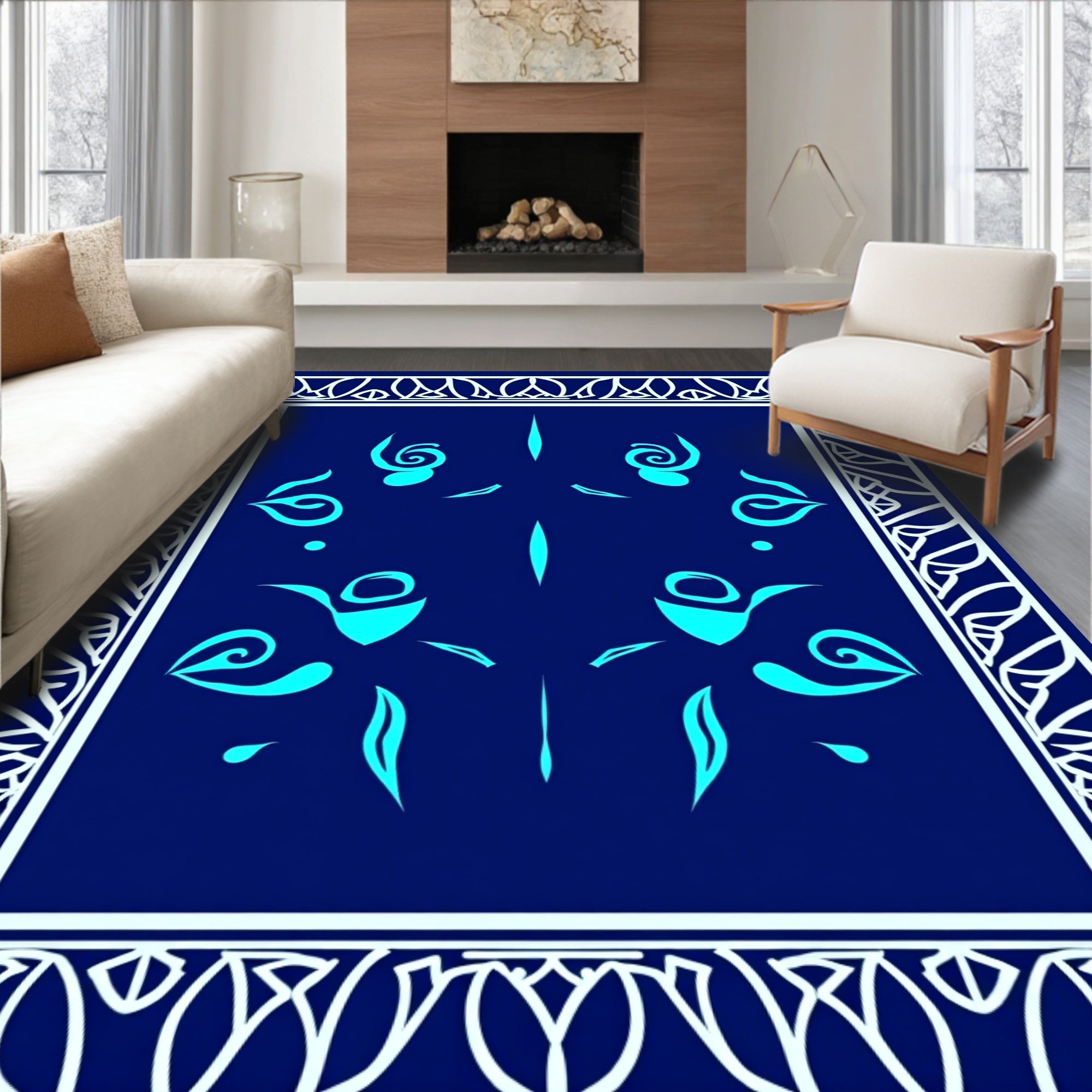 Deep Blue Teal Abstract Floral Frame Rug